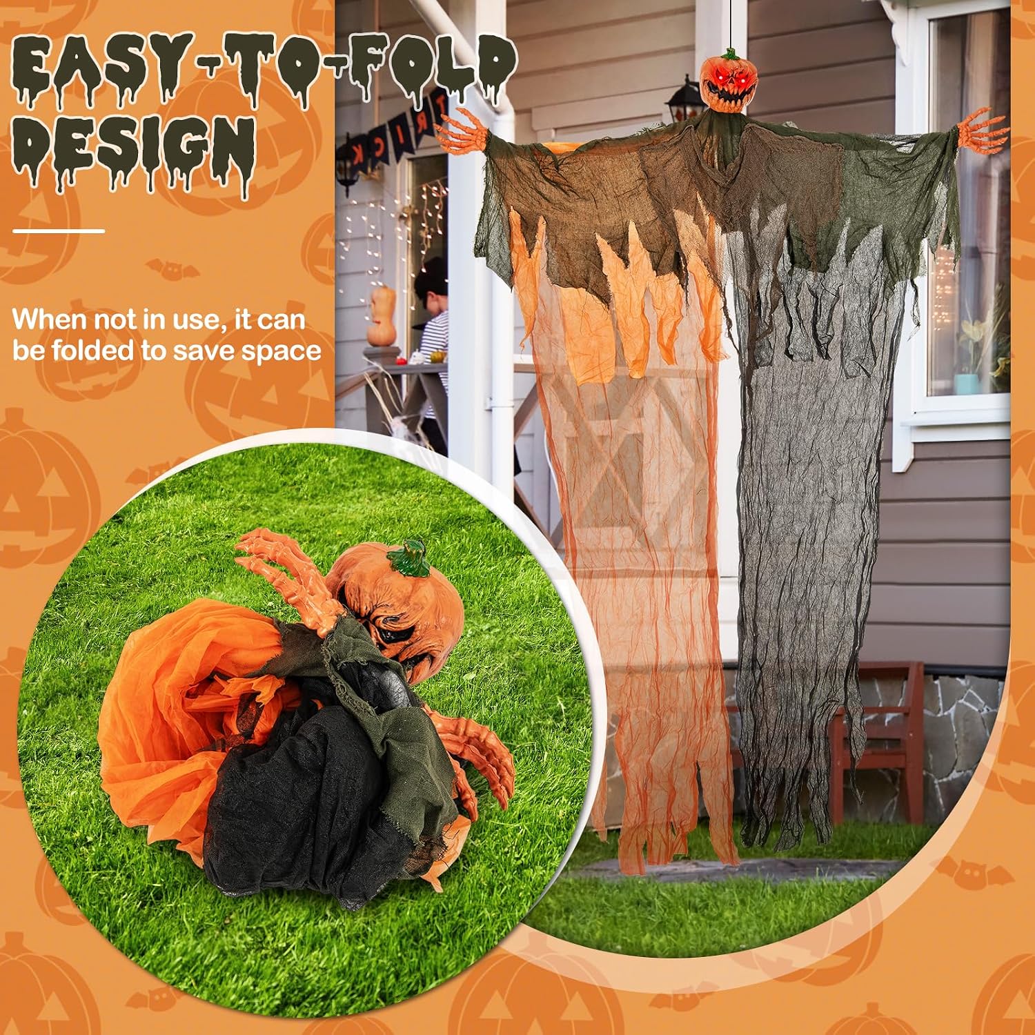 8.2 FT Hanging Pumpkin Ghost, Light-up Scary Prop for Haunted House with Red Glowing Eyes & Bendable Arms, Hanging