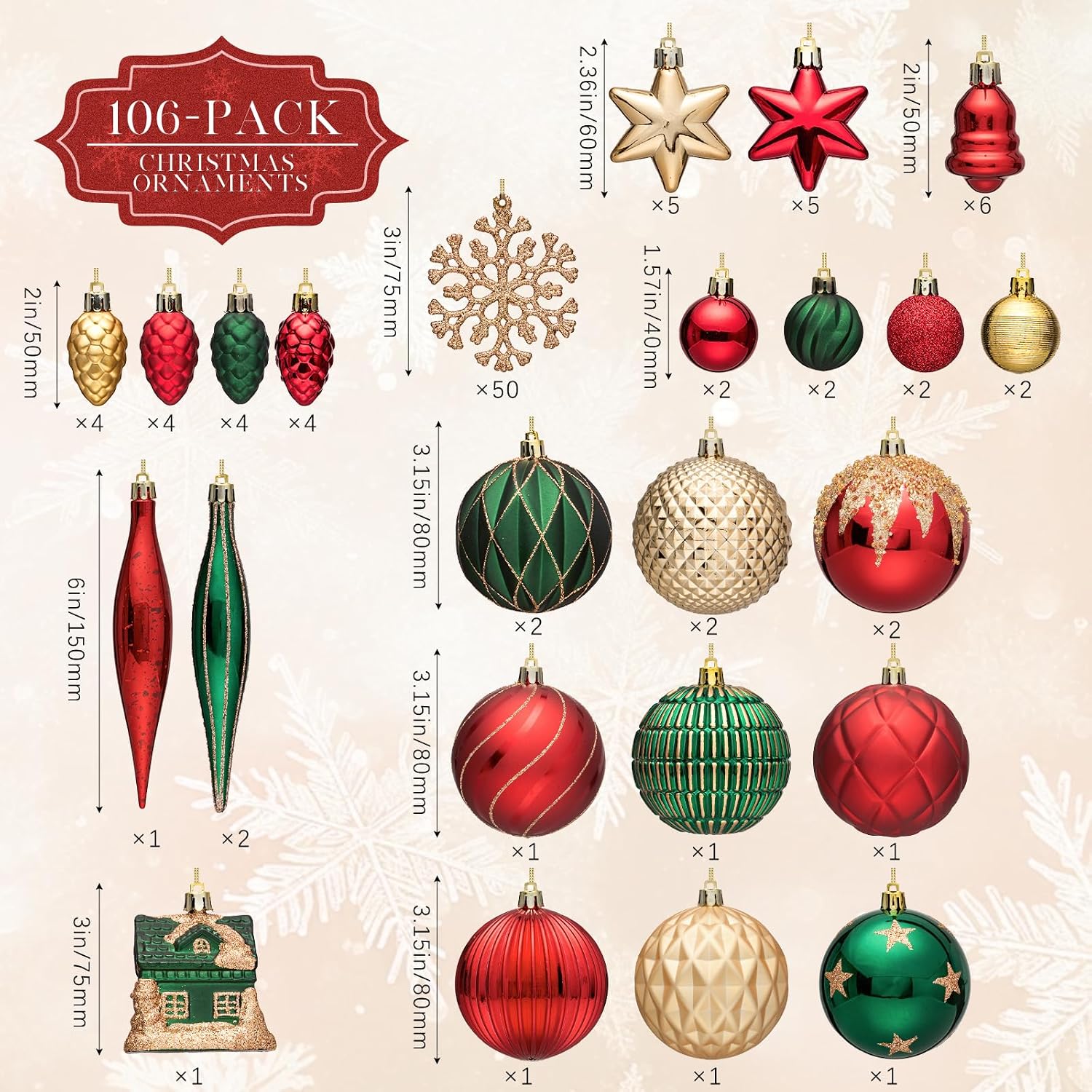 106Pcs Christmas Ornaments Set, Shatterproof Assorted Hanging Baubles Decorations Bulk for Christmas Tree Decorations
