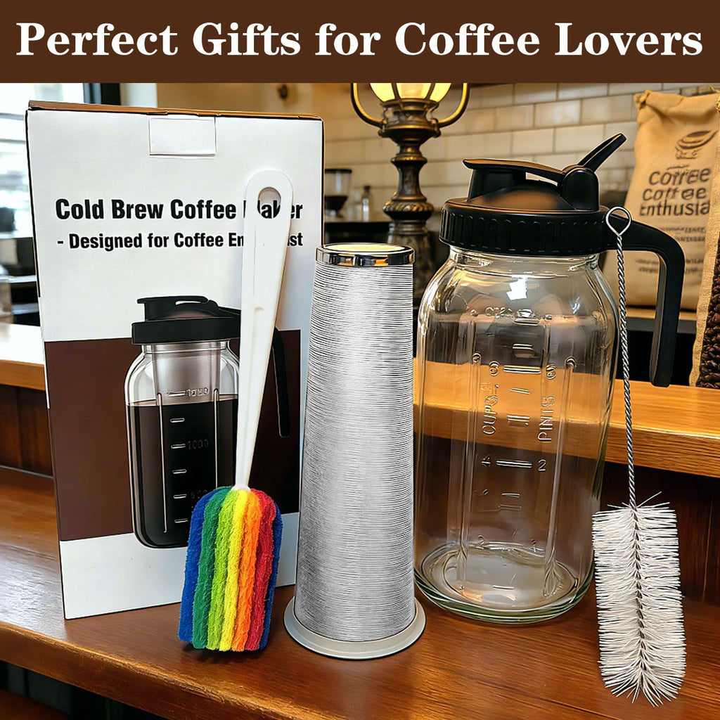 Cold Brew Coffee Maker, 64oz Cold Brew Pitcher with Stainless Steel Filter & Coffee Mat, Glass Cold Brew Mason Jar