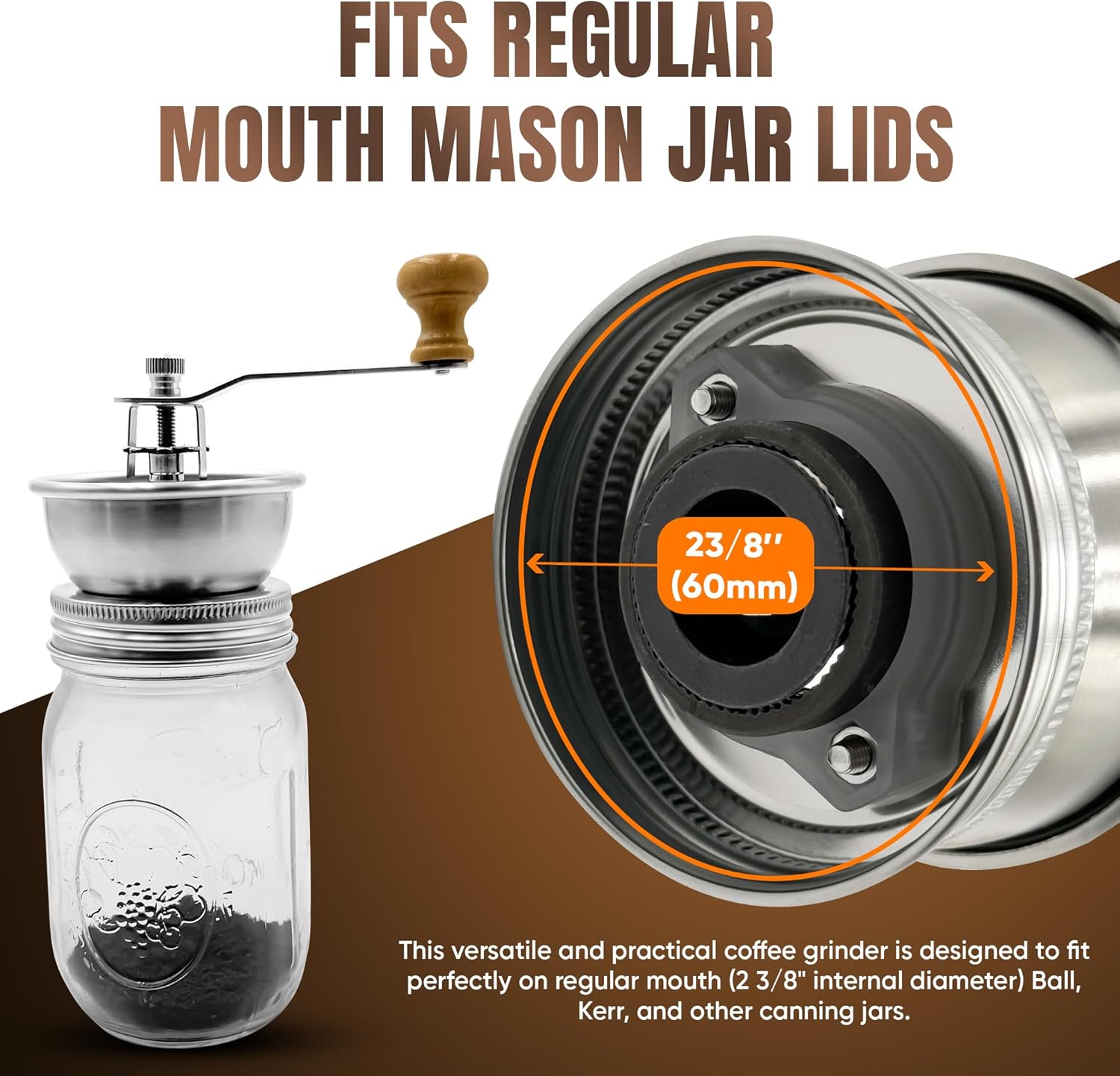 Stainless Steel Coffee Grinder Lid Attachment for Regular Mouth Mason Jars - Manual Crank Burr Grinder for Fresh