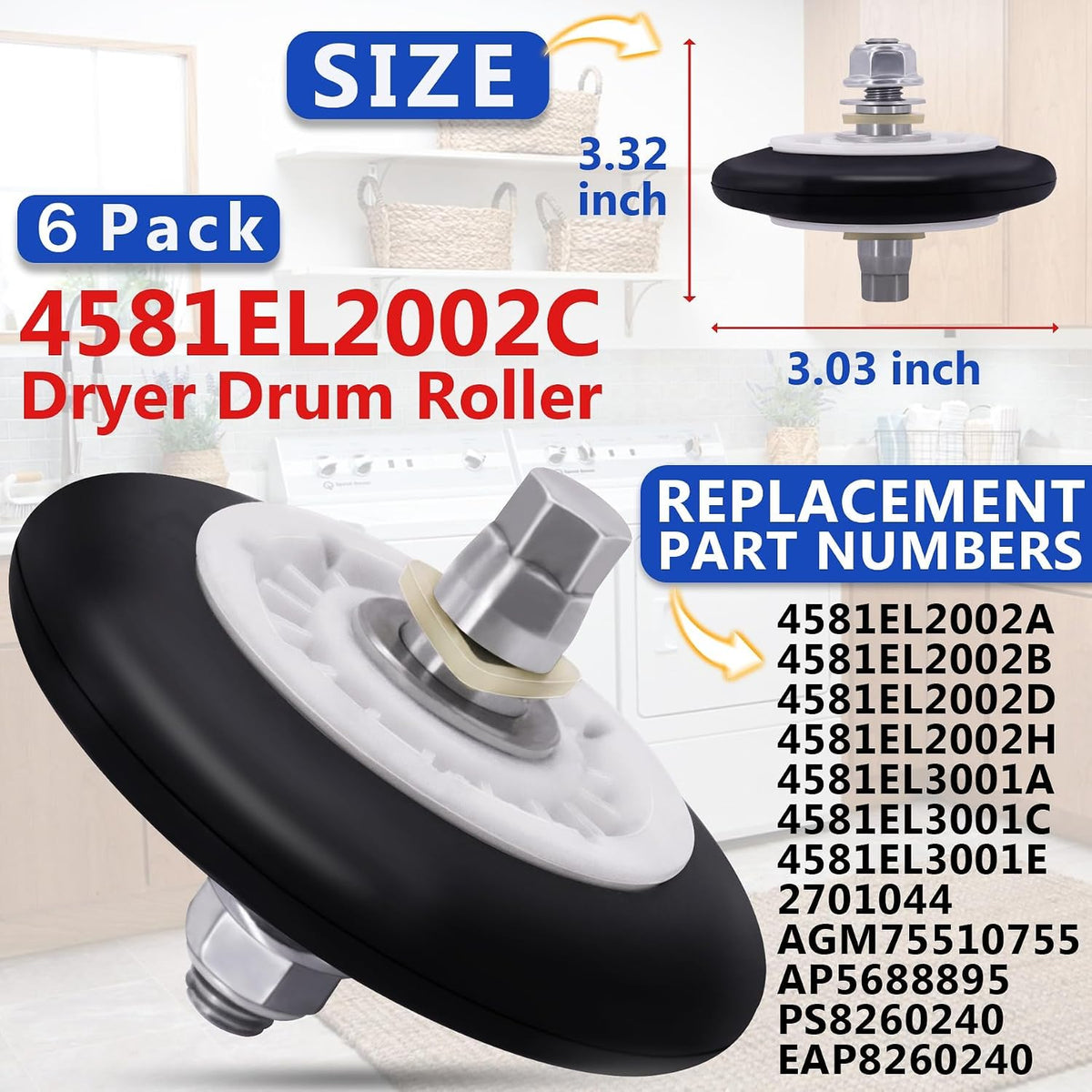 Upgraded Dryer Rollers Kit - Fit for LG Models DLEX8000V DLG1320W DLG1502W DLGX7188RM 79681072310 - with 4400EL2001A Dryer Belt, 4561EL3002A Dryer Idler Pulley, 6pc 4581EL2002C Dryer Drum Rollers