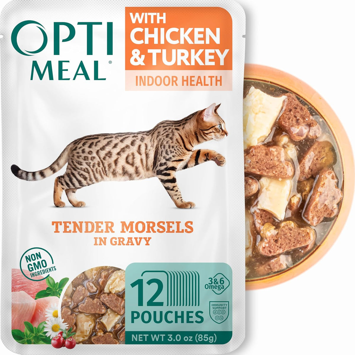 High Protein Wet Cat Food, Chicken and Turkey in Savory Gravy, 12 Pouches
