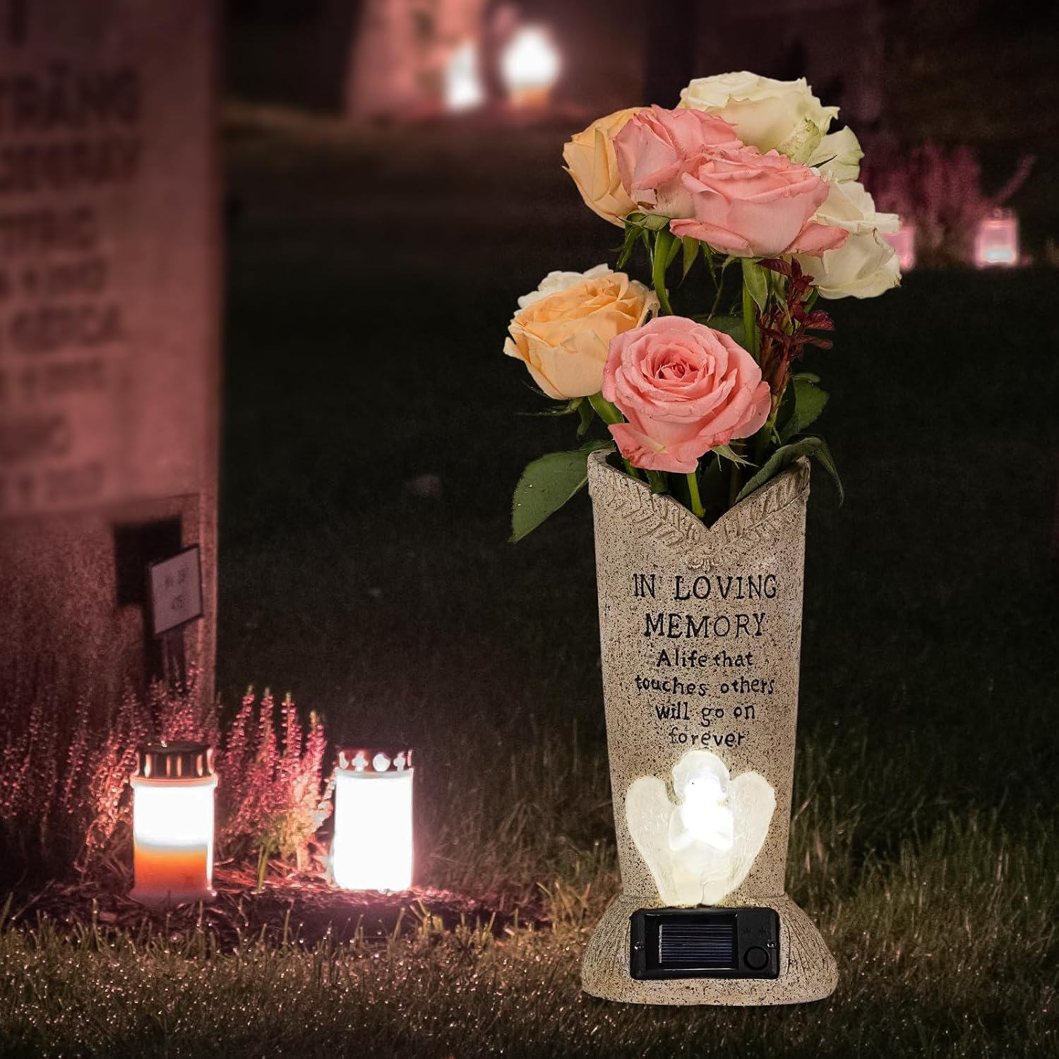 Solar Memorial Cemetery Flower Vase with LED for Fresh/Artificial Cemetery Grave Decorations Angel Statue Vase with