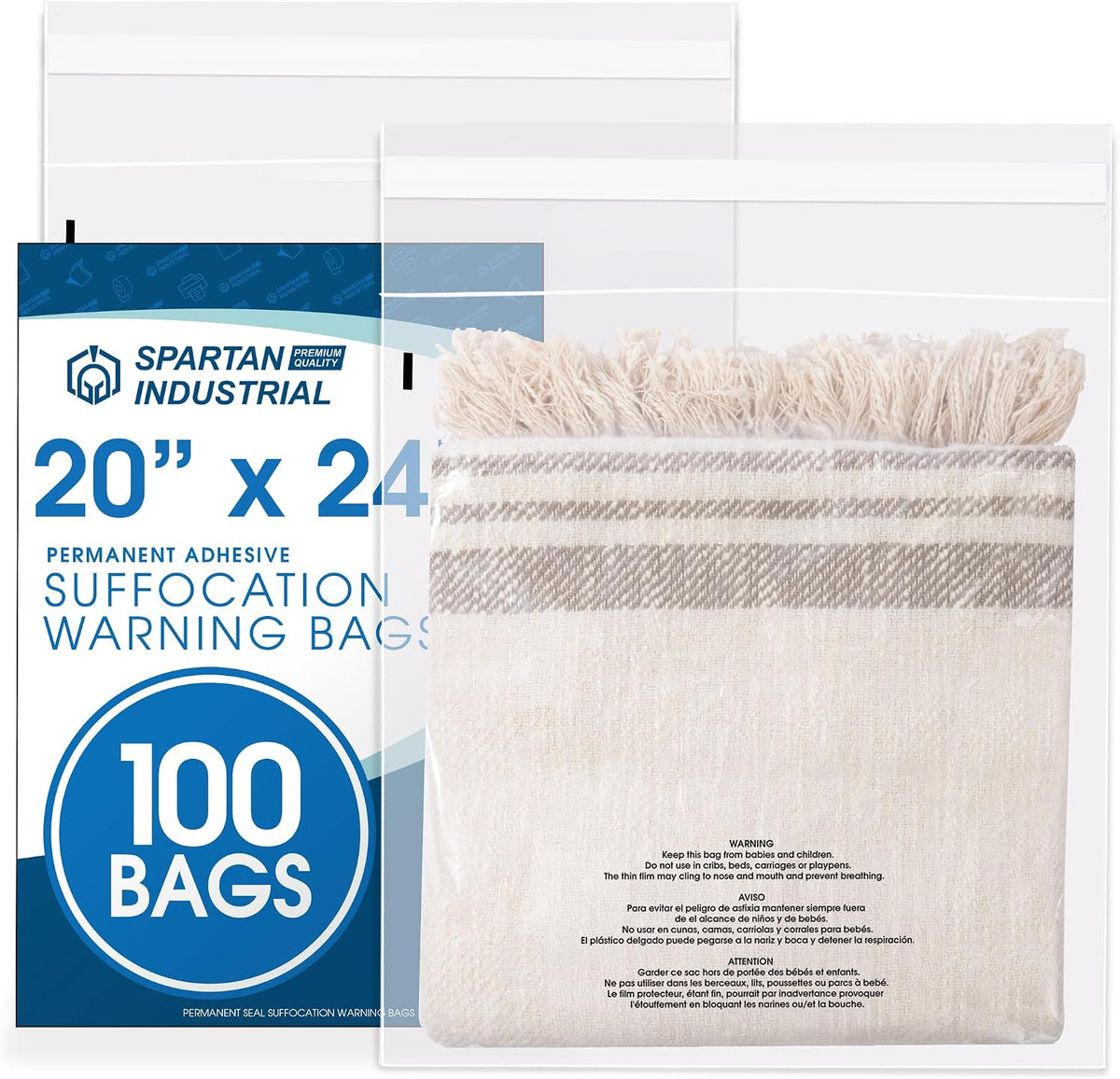 20" X 24" (100 Count) Self-Seal Clear Poly Bags With Suffocation Warning