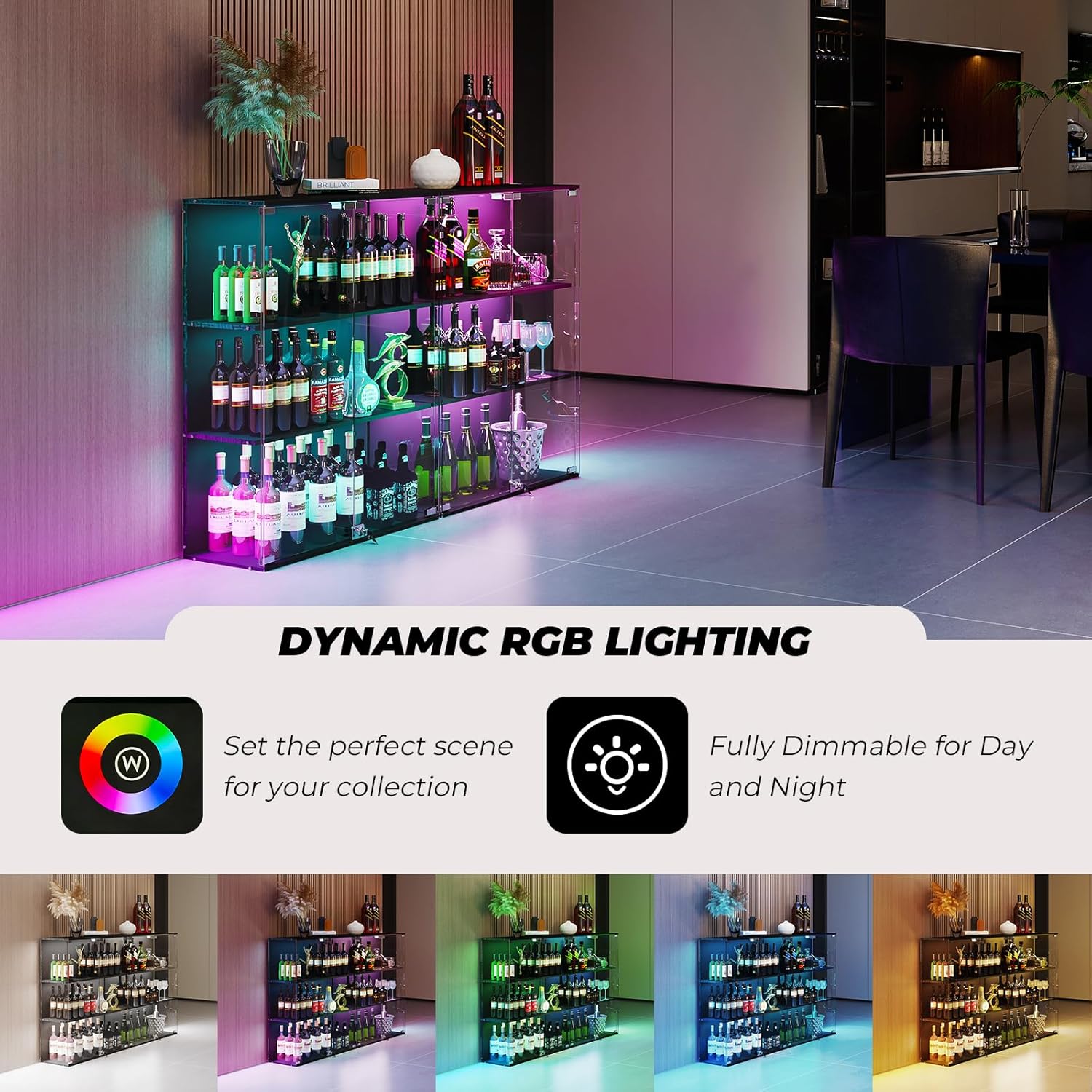 Glass Display Cabinet with RGB LED Lights, Full-View Display, 3-Tier Display Case with Glass Doors for Collectibles