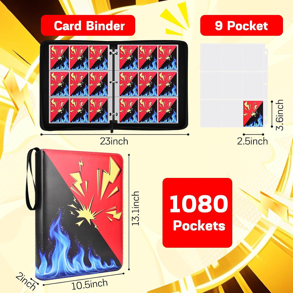 Card Binder 9 Pocket, 1080 Cards Trading Card Binder with 60 Removable Sleeves, Portable Card Binder with Zipper