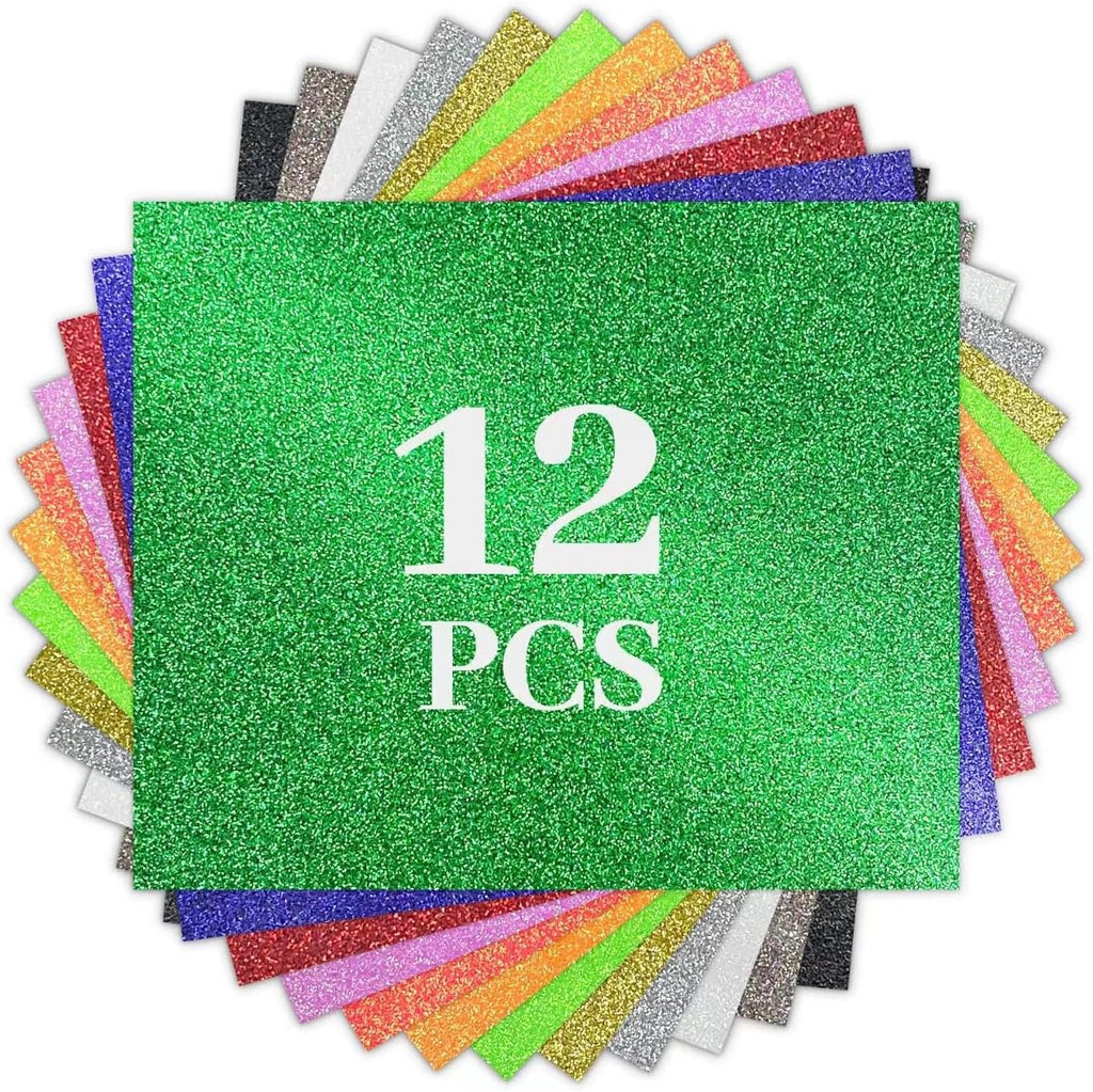 Glitter HTV Heat Transfer Vinyl Bundle -12 Pack 12”x 10" Glitter HTV Heat Transfer Vinyl Iron on Vinyl for T-Shirts
