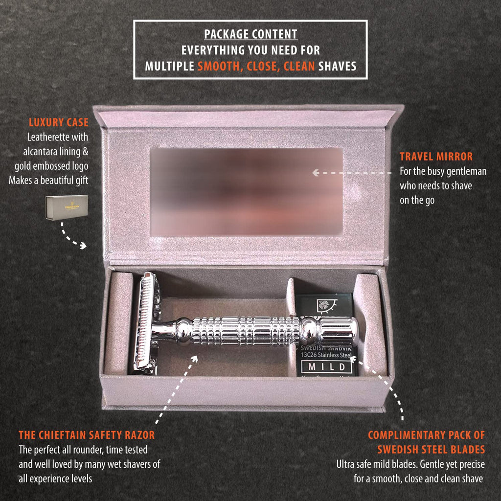 Double Edge Safety Razor for Men + 5 Swedish Steel Blades + Luxury Case. Smooth, Reusable, Eco-Friendly (The Chieftain)