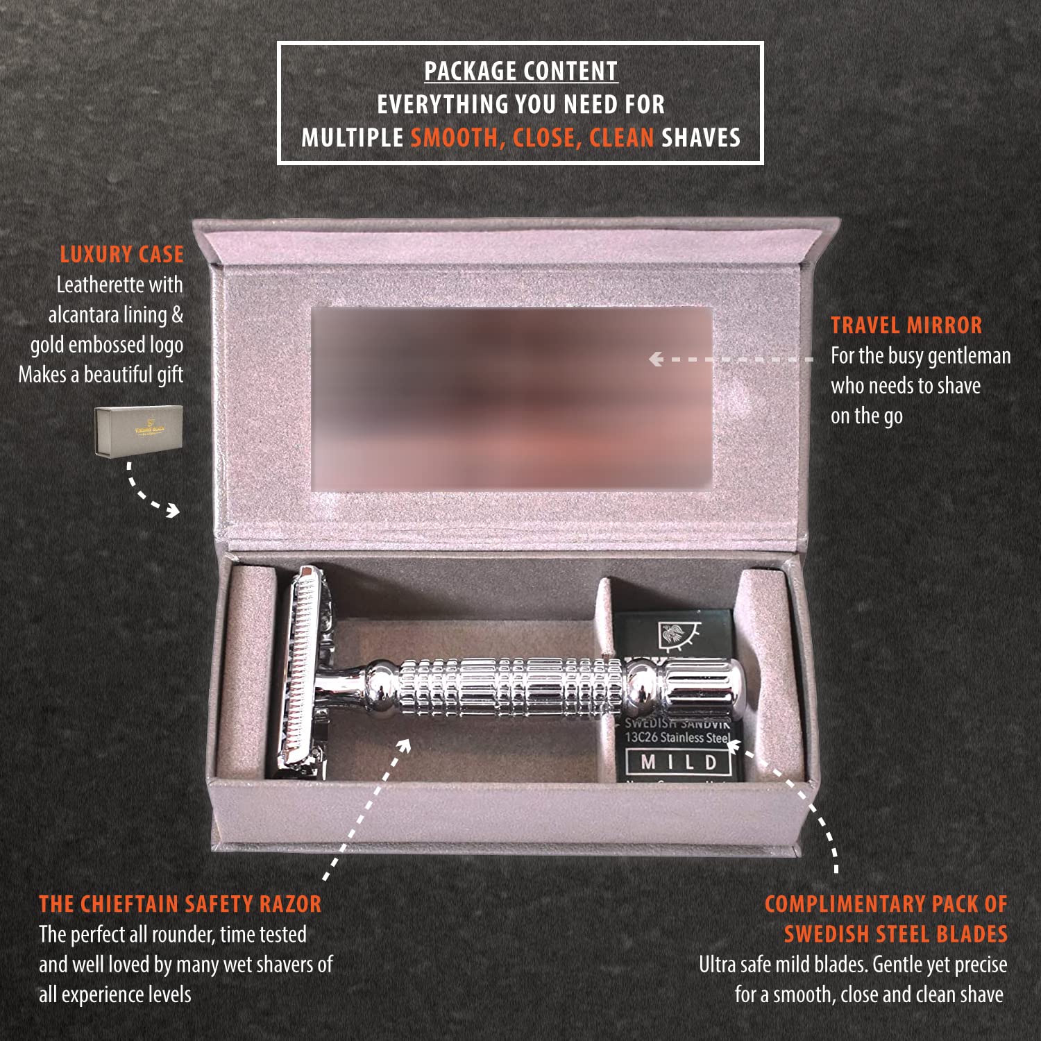 Double Edge Safety Razor for Men + 5 Swedish Steel Blades + Luxury Case. Smooth, Reusable, Eco-Friendly (The Chieftain)