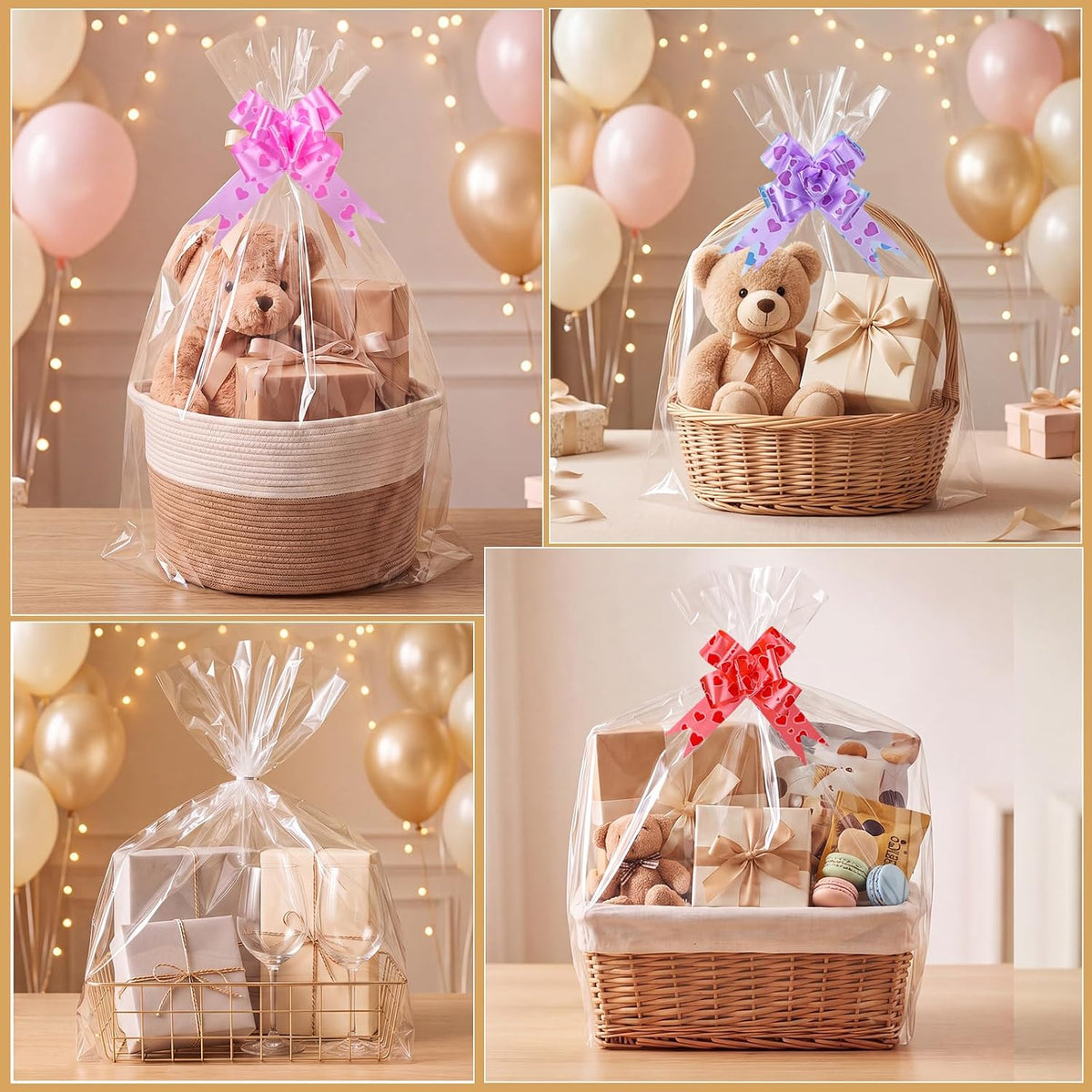3 Size Clear Cellophane Gift Bags 40x50 24x30 16x24in with Pull Bows