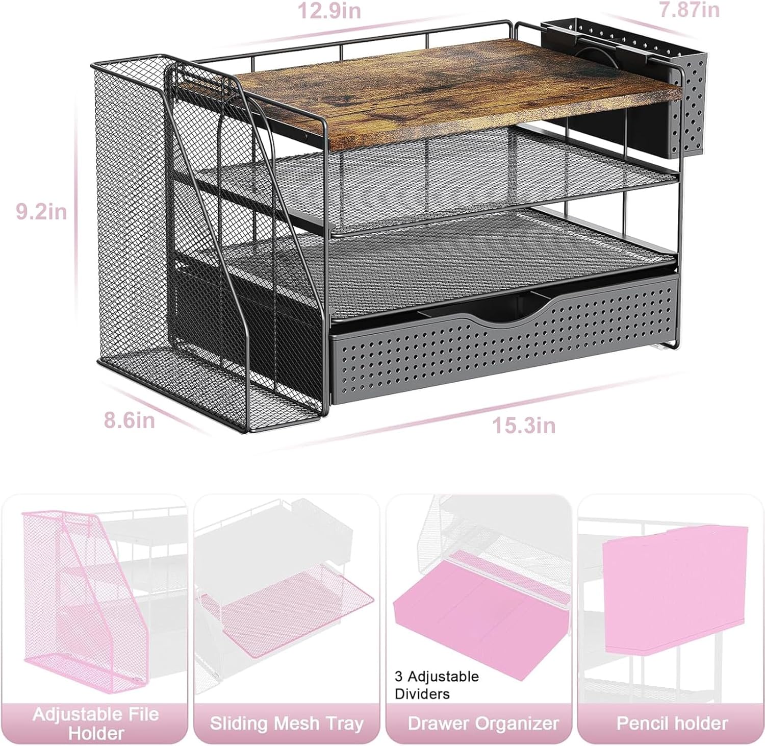 Wood Desk Organizers and Accessories with File Sorters, 4-Tier Desk Accessories & Workspace Organizers with Drawer