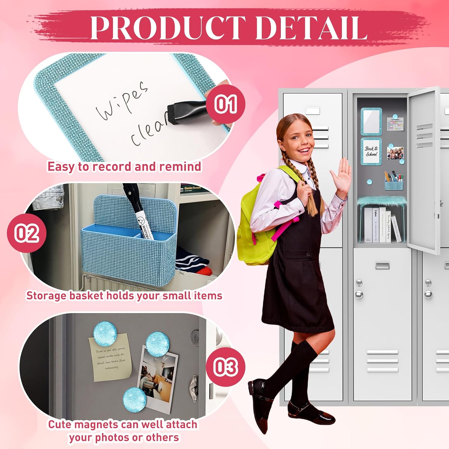 10 Pcs Glitter Locker Organizer and Decorating Kit, Locker Accessories Include Magnetic Storage Cup, Mirror, Shelf