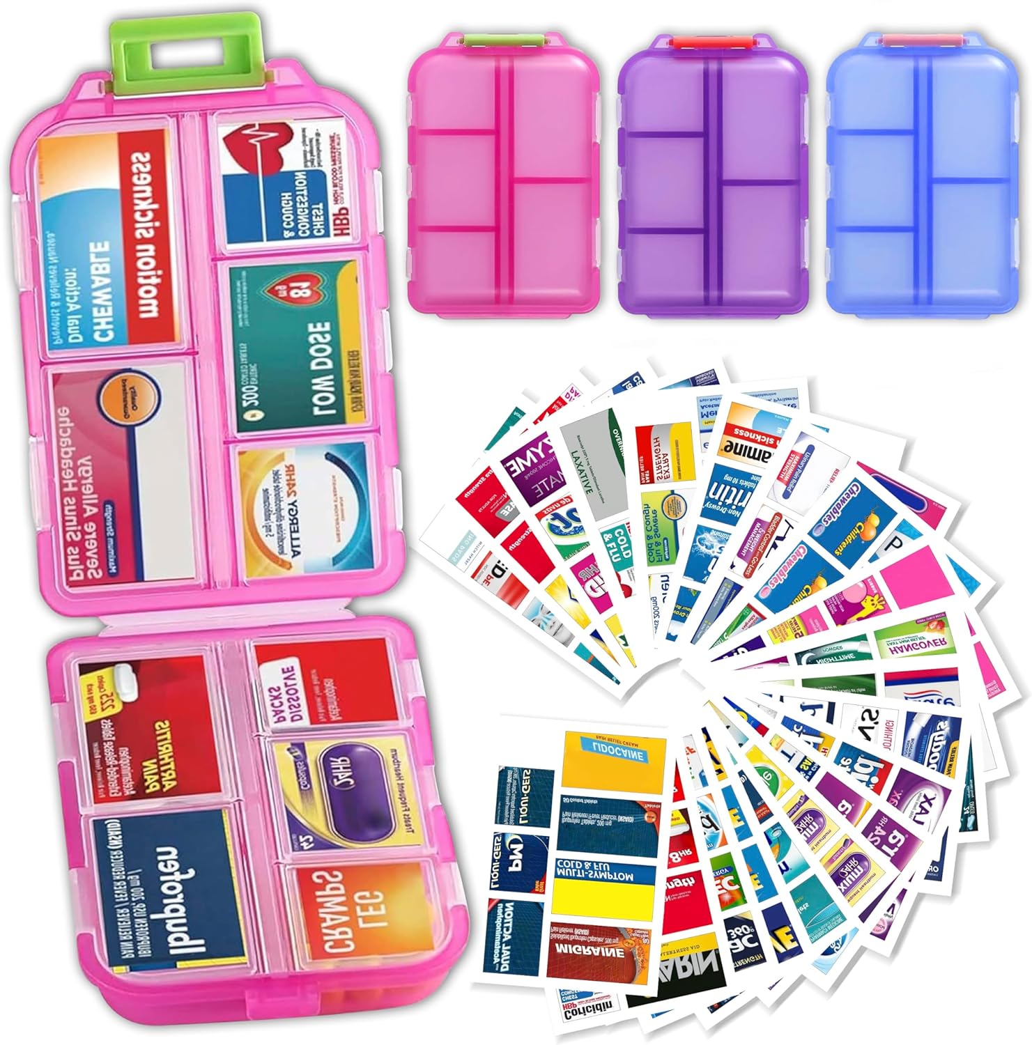 Pill Organizer with Medicine Labels, Travel Daily Pill Container, Mini Medication Organizer, 7-Day Pill Case, Set of