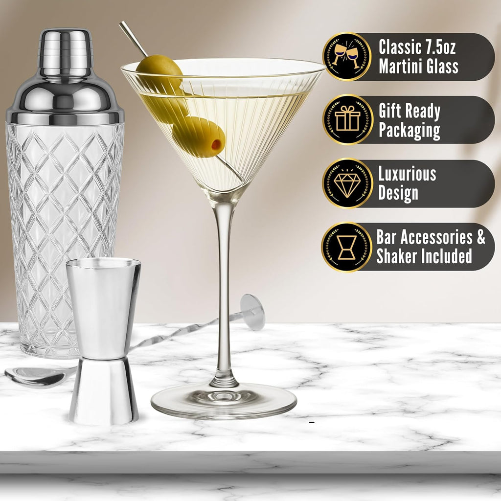 Silver Cocktail Shaker Set + 2 Ribbed Martini Glasses & Bar Tools