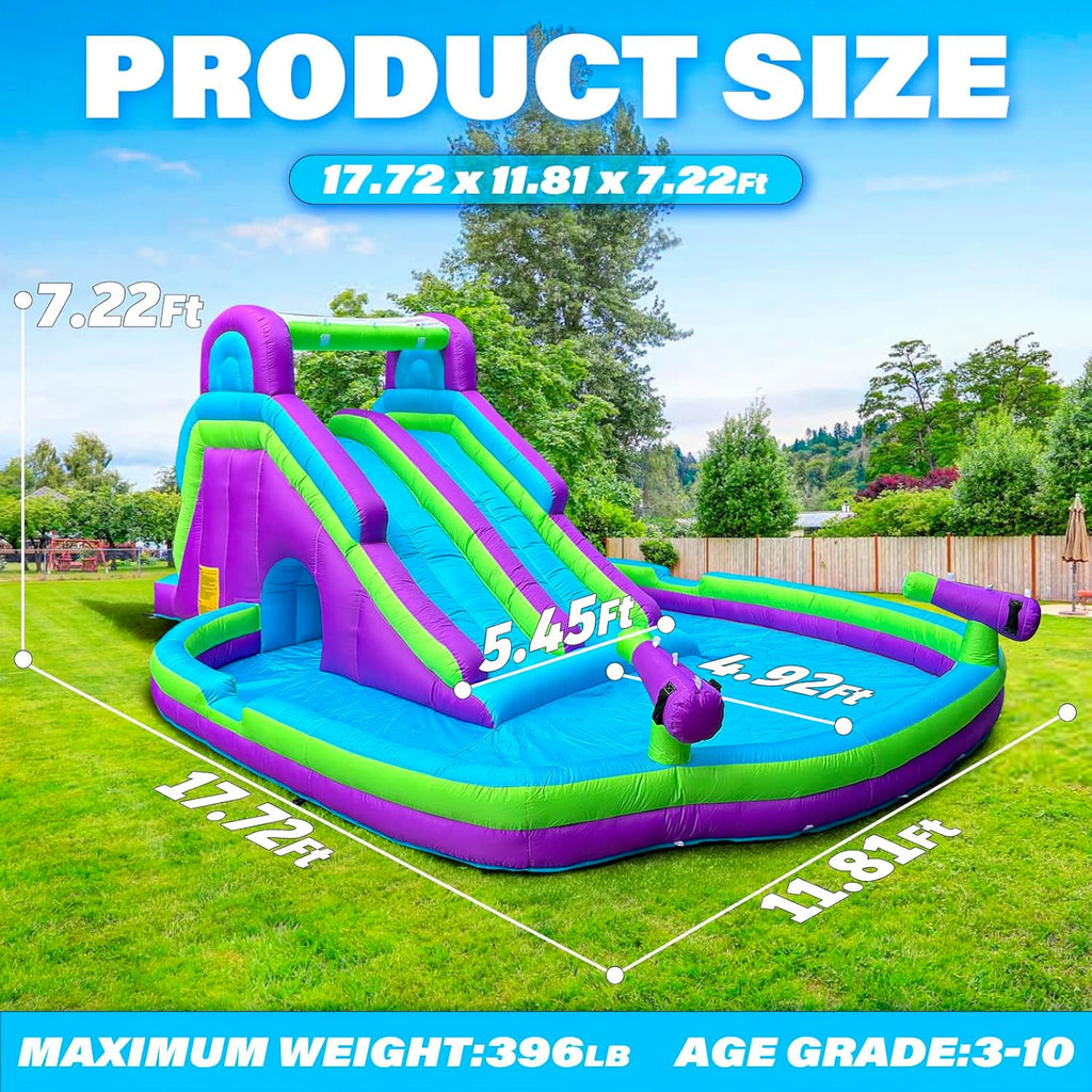 Inflatable Double Water Slide-17.7FT Large Climber Inflatable Water Park for Big Kids 5-10-Huge Splash Pool-Easy to