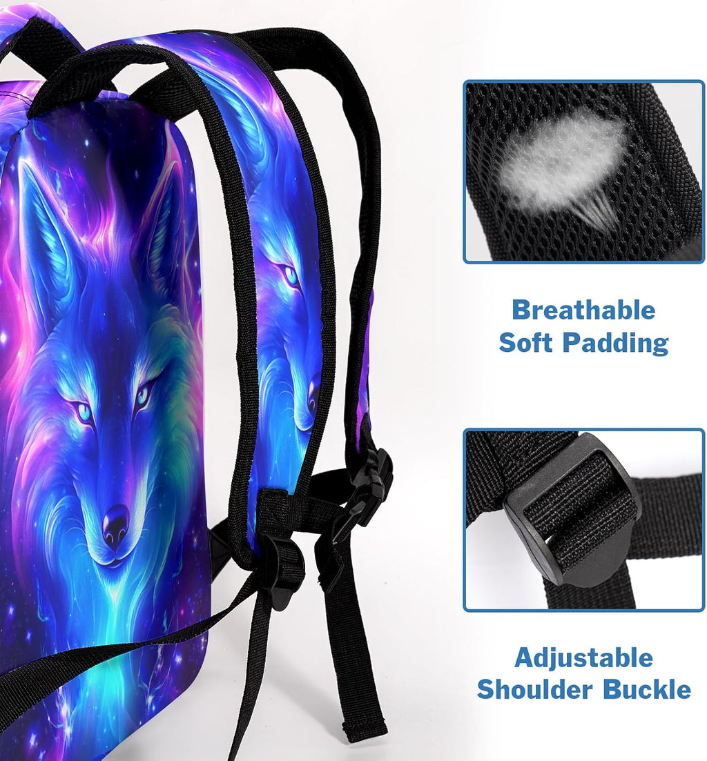 Wolf Galaxy Backpack for Boys Girls Cool Starry Sky Wolf Kids Bookbag Blue Purple Animal Print School Bag Lightweight