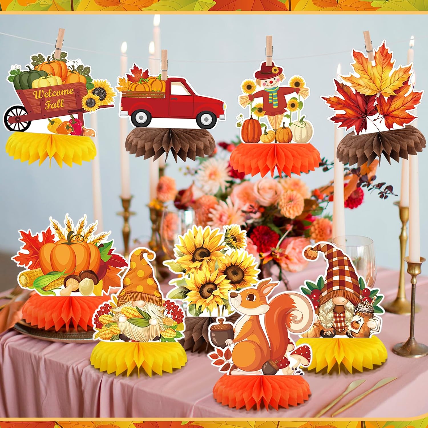 12 Pcs Fall Party Decoration Fall Honeycomb Centerpiece Pumpkin Maple Gnome Truck Sunflower Autumn Table Topper