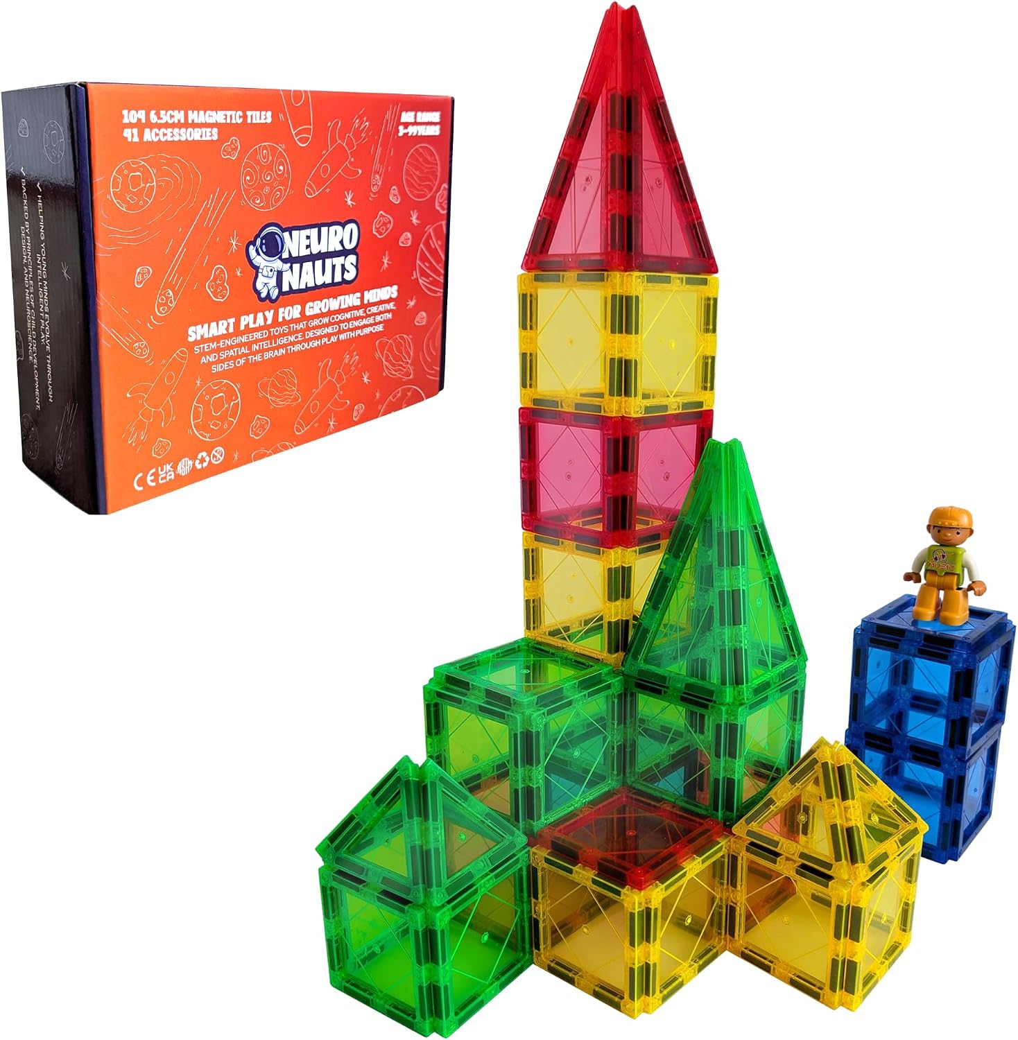 104 Magnetic Tiles Building Blocks Set for Kids + Bonus Connectors & Figurine | STEM Educational Magnetic Building