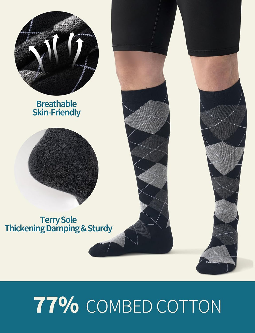 Men's Cotton Compression Socks 20-30 mmHg (3 Pairs) - Knee High Support for Circulation, Travel, Flying, Dress