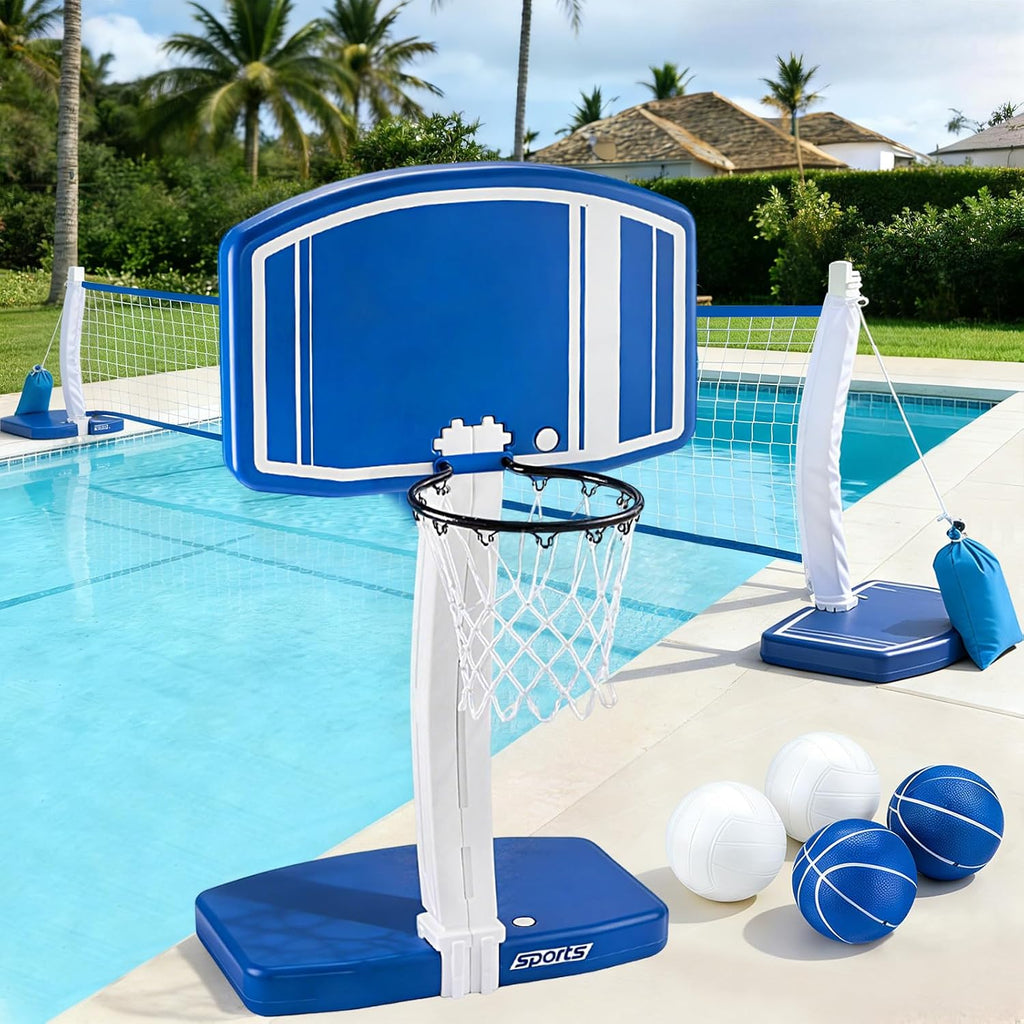 2 in 1 Pool Basketball Hoop and Volleyball Net Above Ground | Swimming Pool Toys for 3-12 Years Old Kids Poolside