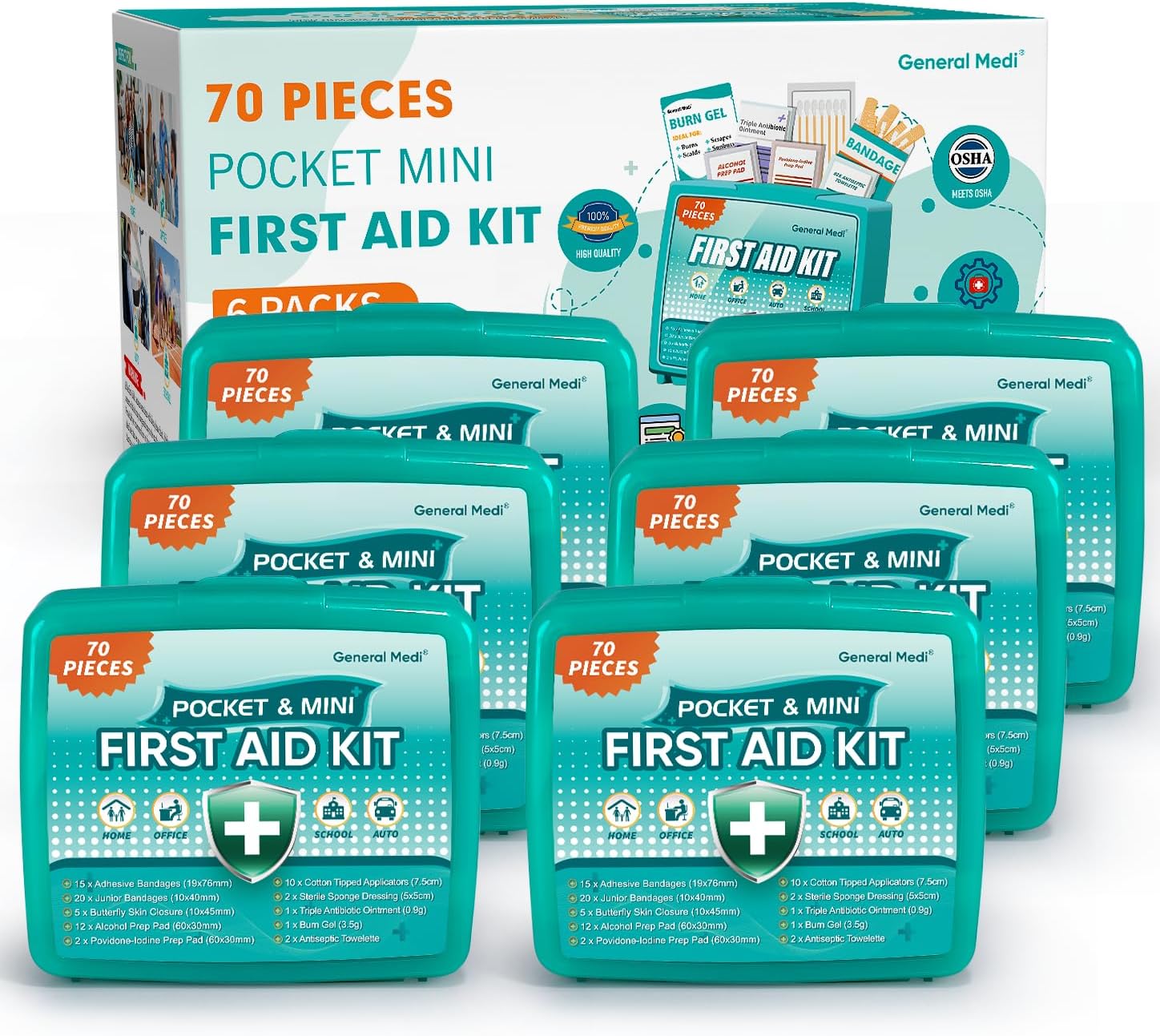 420 Piece First Aid Kit, 6 Individual Boxes of 70 Items Each - Contains Premium Medical Supplies for Travel, Home