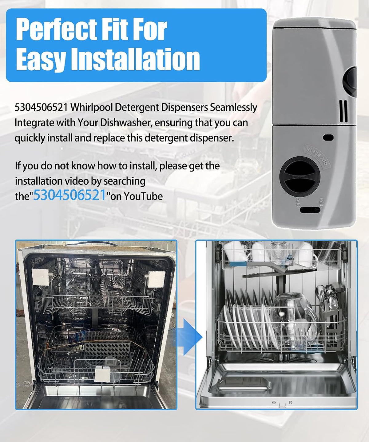 Upgraded 5304506521 Detergent and Rinse Aid Dispenser for Dishwashers Compatible with Frigidaire,Electrolux,Crosley, Kenmore, Westinghouse,Replacement AP6036339.154379201,154379202,154452703 Etc