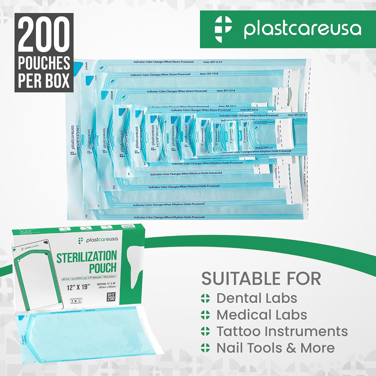 200 12 Inch x 19 Inch Sterilization Pouches, Sterilizer Autoclave Bags for Sterilizing Dental Medical Instruments and