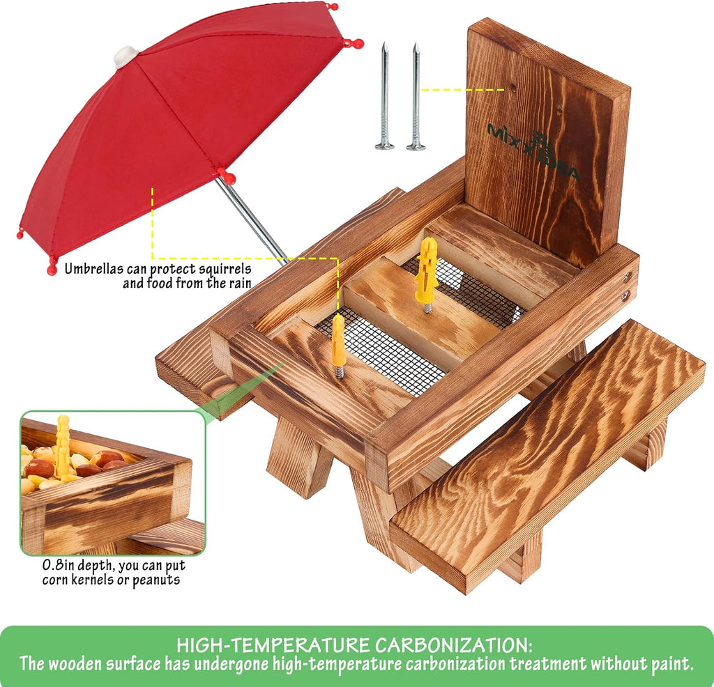 Squirrel Feeder Picnic Table with Tall Umbrella, Wooden Squirrel Feeders for Outside, Cute Chipmunk Feeder with Corn