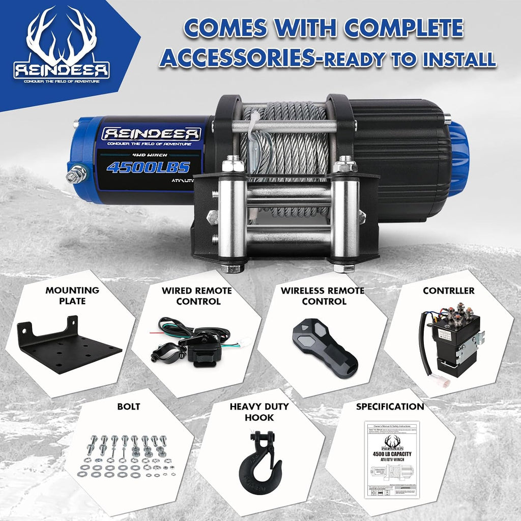 Electric Winch Kit 4500lbs,ATV UTV Winch with Wireless Wired Remote Controls Steel Cable Wire Rope,Hook& Hawse
