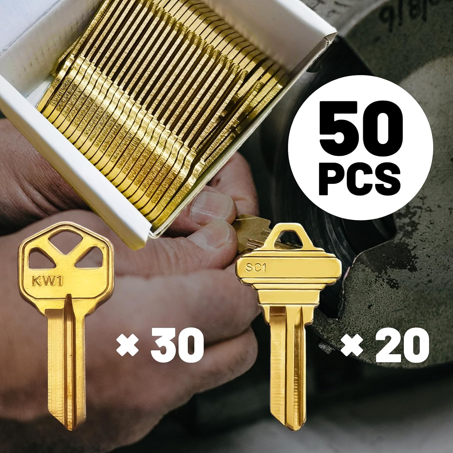 50 Premium Key Blanks – 30 KW1 & 20 SC1 Blank Keys, Brass Finished - 5 PIN