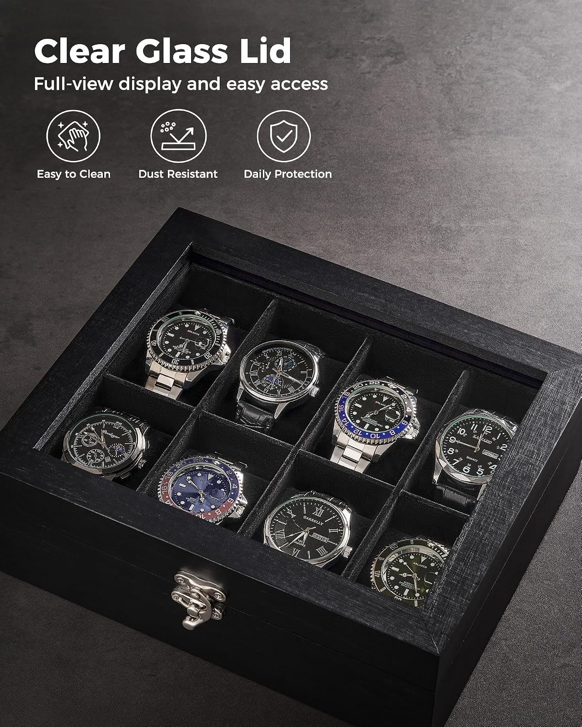 8 Slot Wooden Watch Display Case With Glass Lid, Organizer | Elegant Wooden Watch Box With Glass Lid And Soft Lining