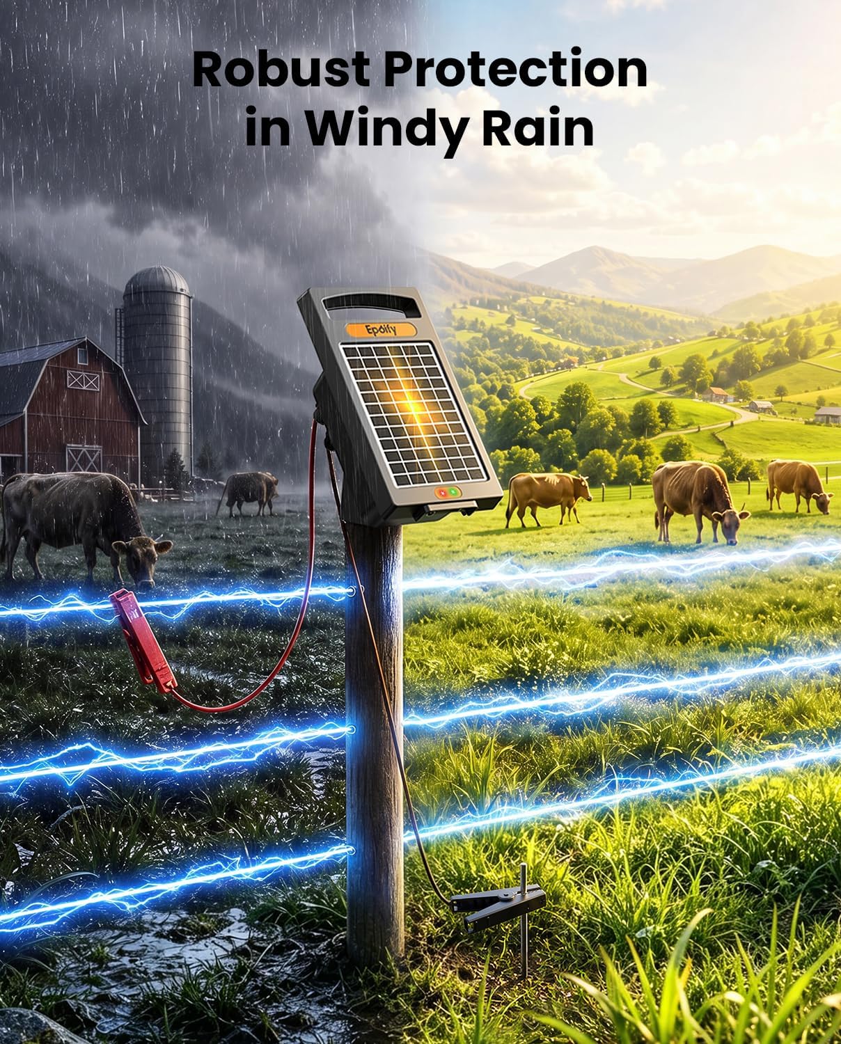 Solar Fence Charger, 0.32J, 20-Mile Coverage for Gardens, Deer | Dual solar and AC power keeps your fence running in