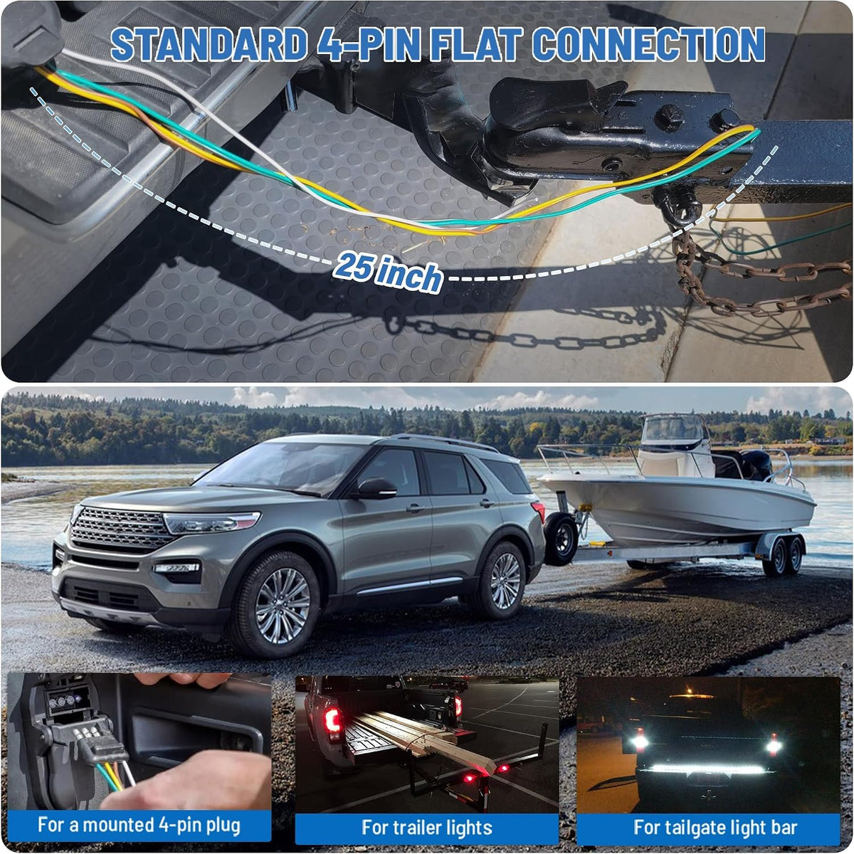 4-Way Flat Trailer End Connector 25 Inch, 16AWG 4 Prong Trailer Wiring Harness Plug with Dust Cover, Trailer-Side