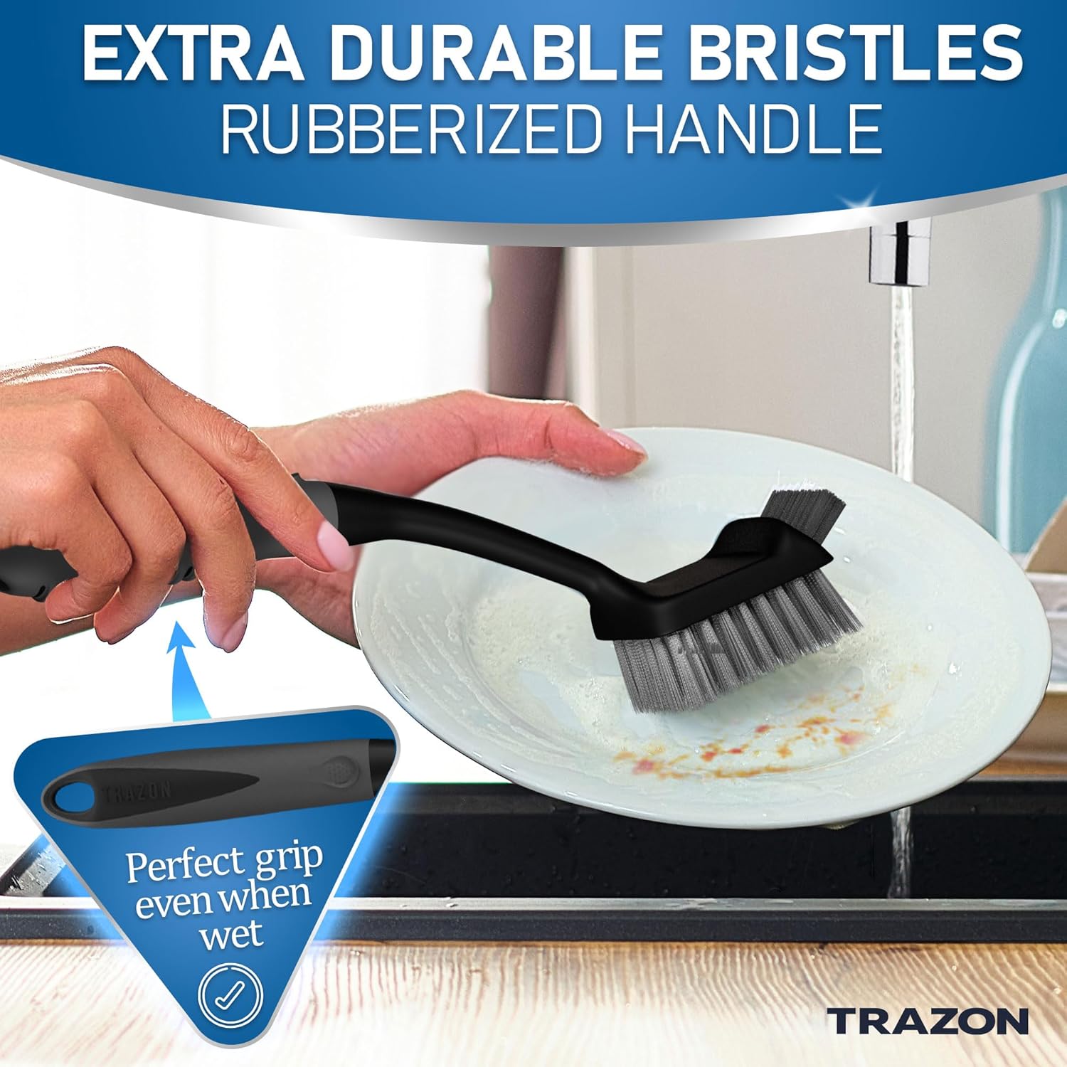 Dish Brush Set of 5 with Holder - Kitchen Scrub Brushes with Non-Slip Long Handle for Cleaning, Scrubber