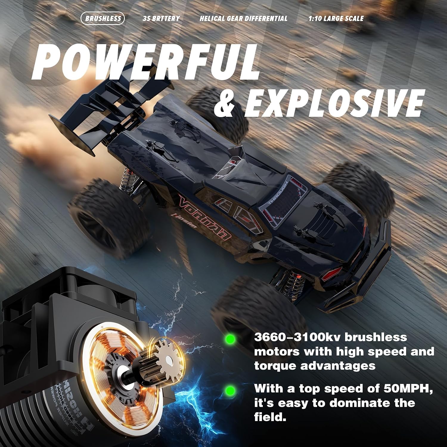Mini 1/8 RC Truck for Adults Fast 50+mph, Vortan Electric RTR Brushless RC Cars All Terrain 4WD Off Road Hobby RC Car