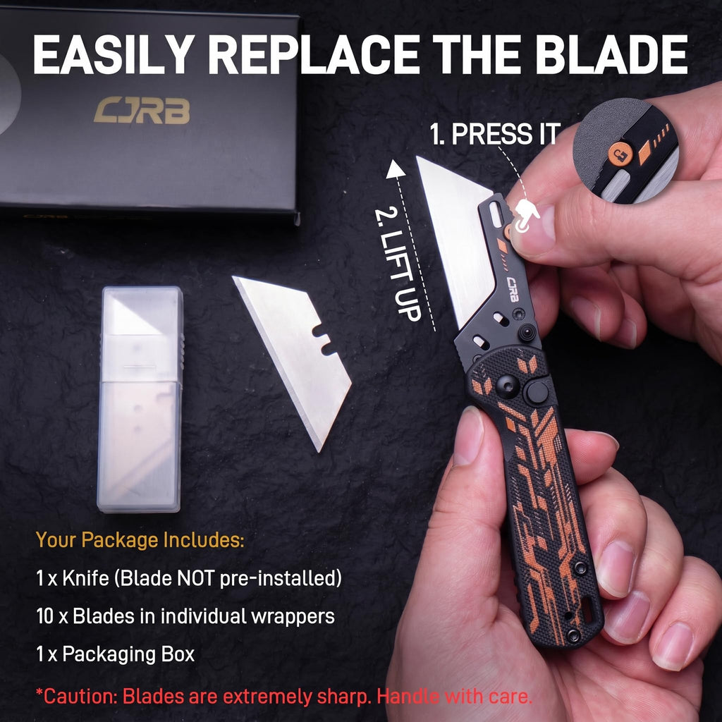 CJRB Boxer Folding Utility Knife, 10PCS Razor Blades, G10 Handle