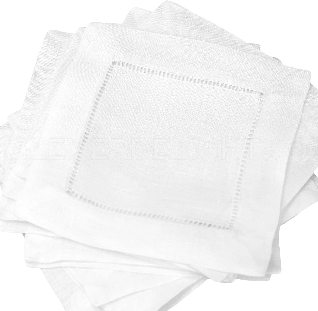 6" White Linen Hemstitch Cocktail Napkins - 12 Pack - 100% Linen