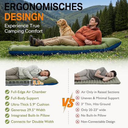Camping Sleeping Pad, 5.9" Extra-Thick Reinforced Camping Mat with Built-in Pillow & Foot Pump, Ultralight Compact