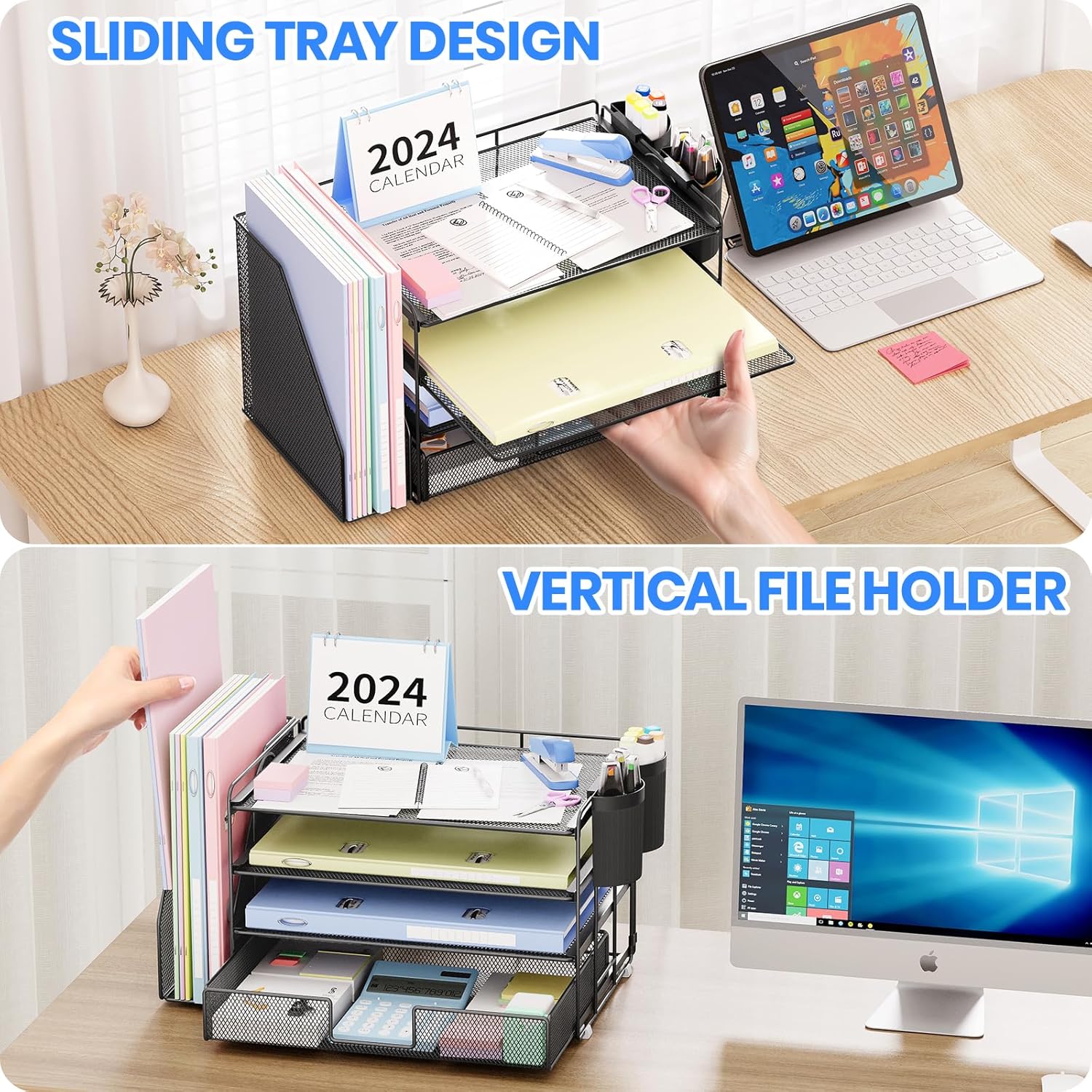 Desk Organizer, 4-Tier Desktop File Organizer with Drawer and 2 Pen Holders, Office Desk Accessories, File Sorters