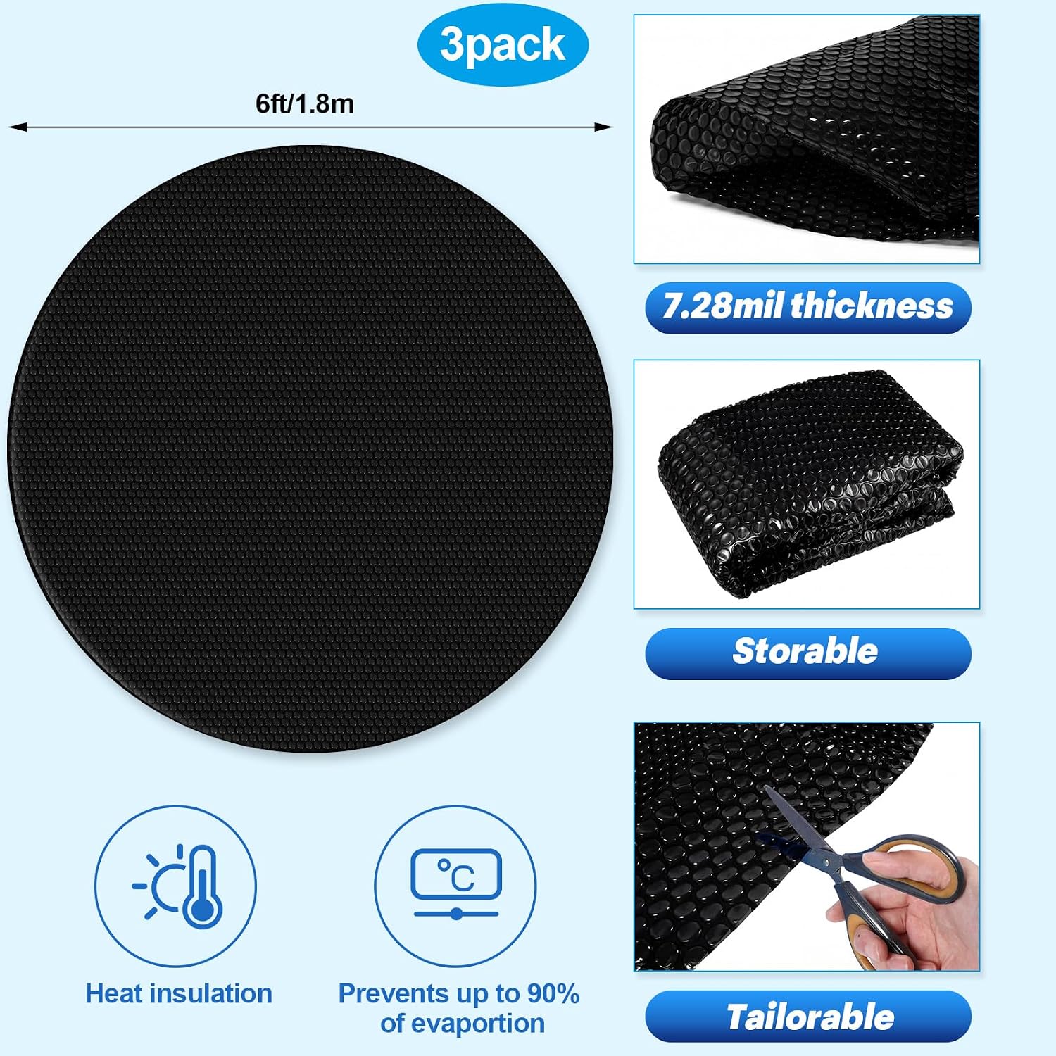 3 Pack Solar Pool Covers 6 Ft Round Pool Blankets for Heat Retention | Bubble Layer Design, 7.28 Mil Thickness