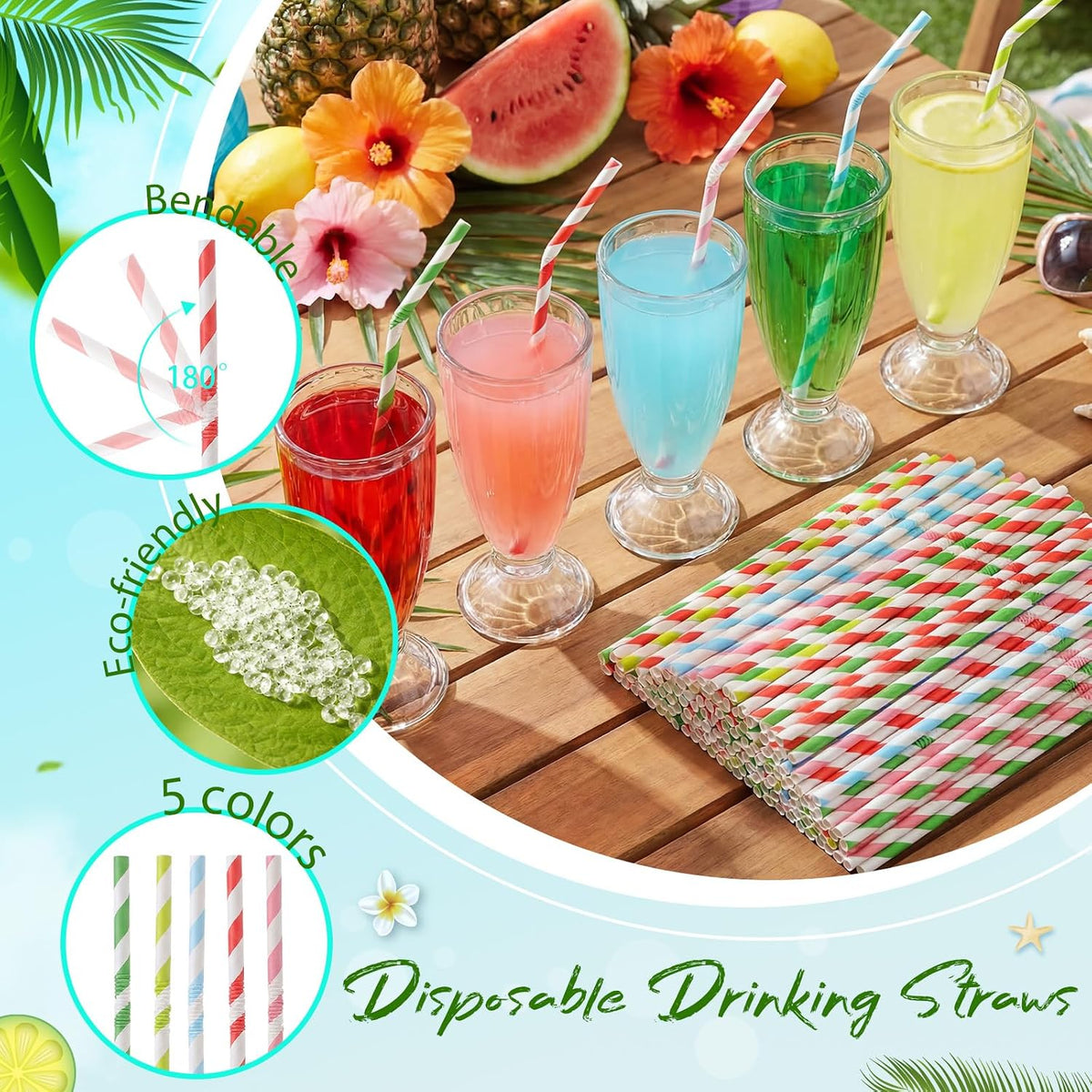 500 Pcs Paper Drinking Straws, Colorful Bendable Striped Straws 7.9"