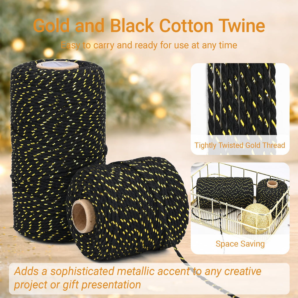 Gold and Black Cotton Twine String, 2mm Thick, 328 Feet