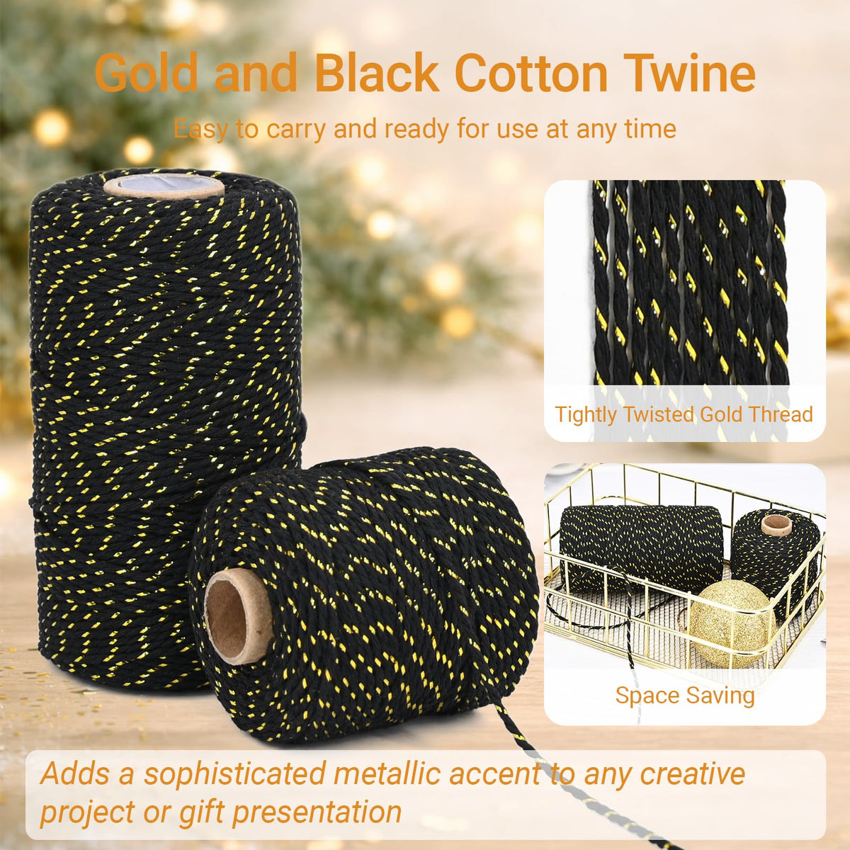 Gold and Black Cotton Twine String, 2mm Thick, 328 Feet