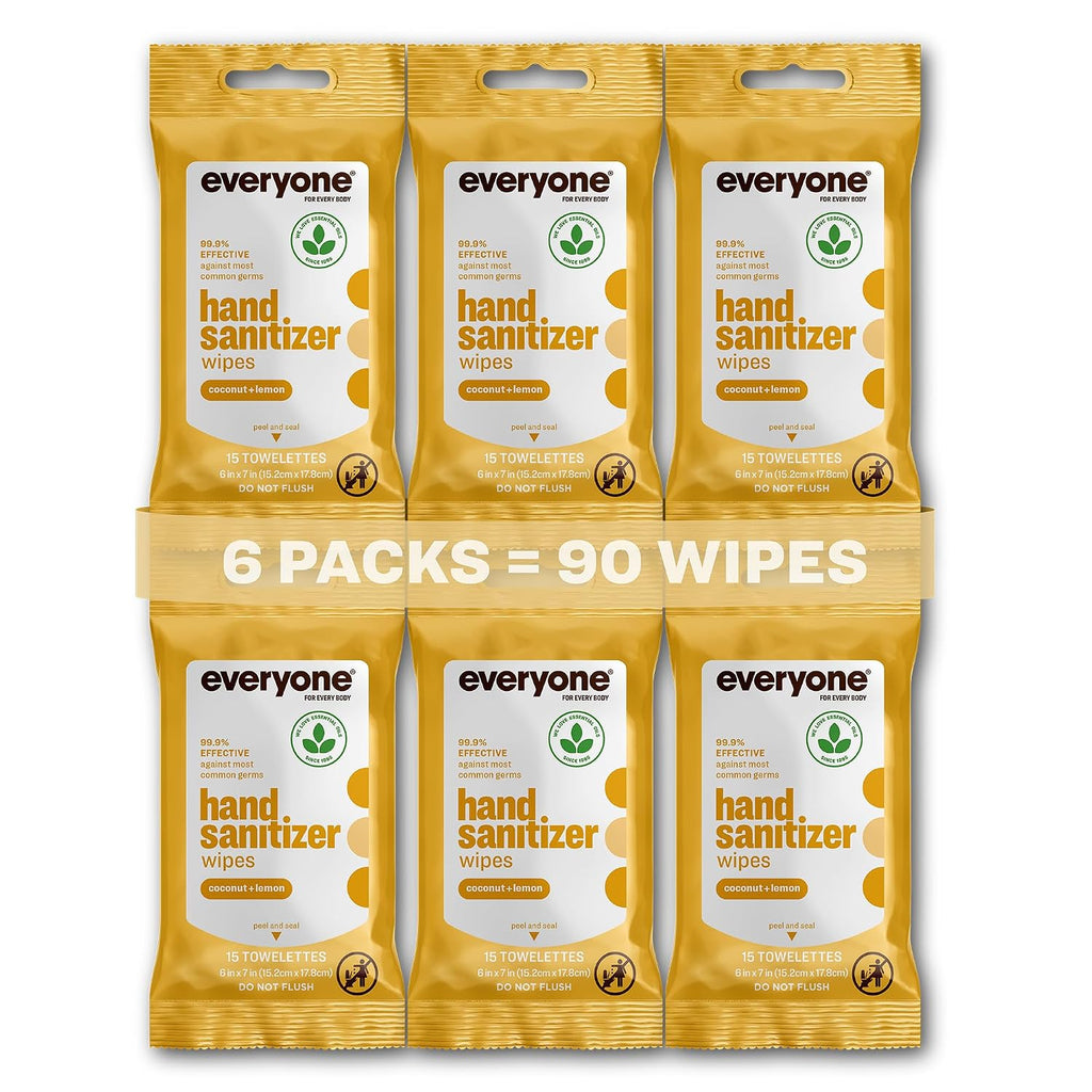 Everyone Hand Sanitizer Wipes, 15 Wipes (Pack of 6), Coconut and Lemon, Made with Sugarcane Derived Alcohol with