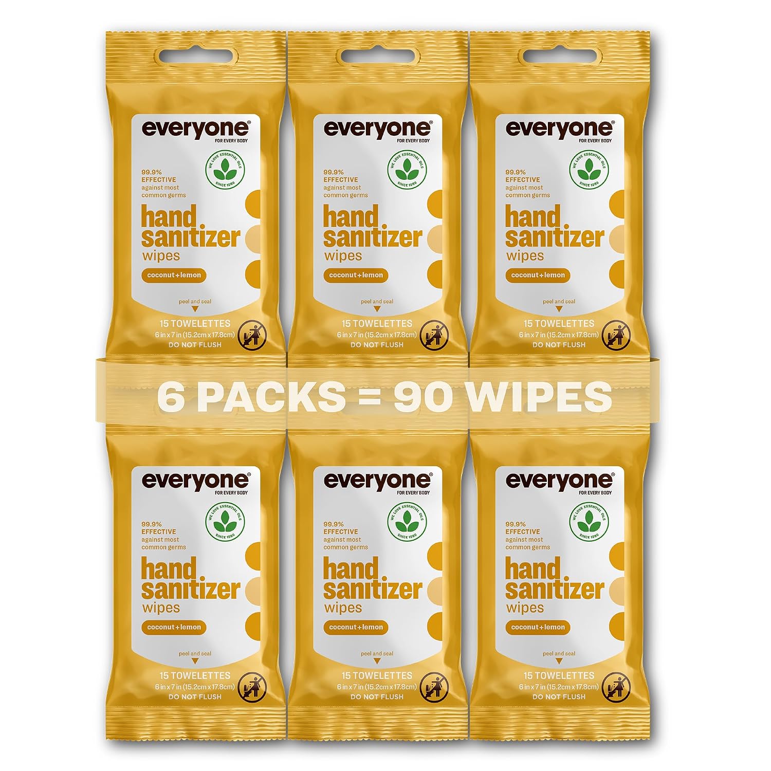 Everyone Hand Sanitizer Wipes, 15 Wipes (Pack of 6), Coconut and Lemon, Made with Sugarcane Derived Alcohol with