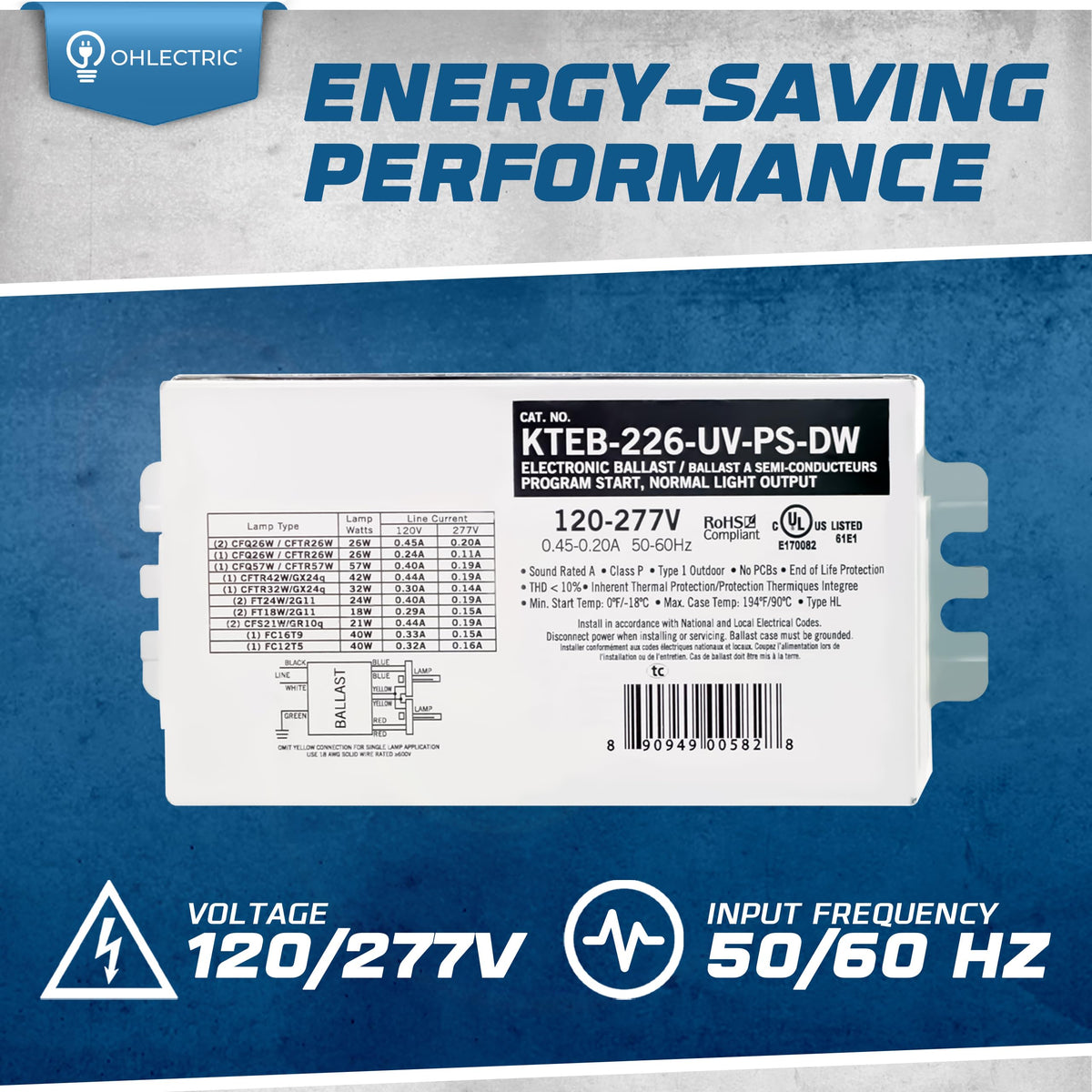2 Lamp CFL Electronic Ballast, 26W, 120-277V, 2 Pack