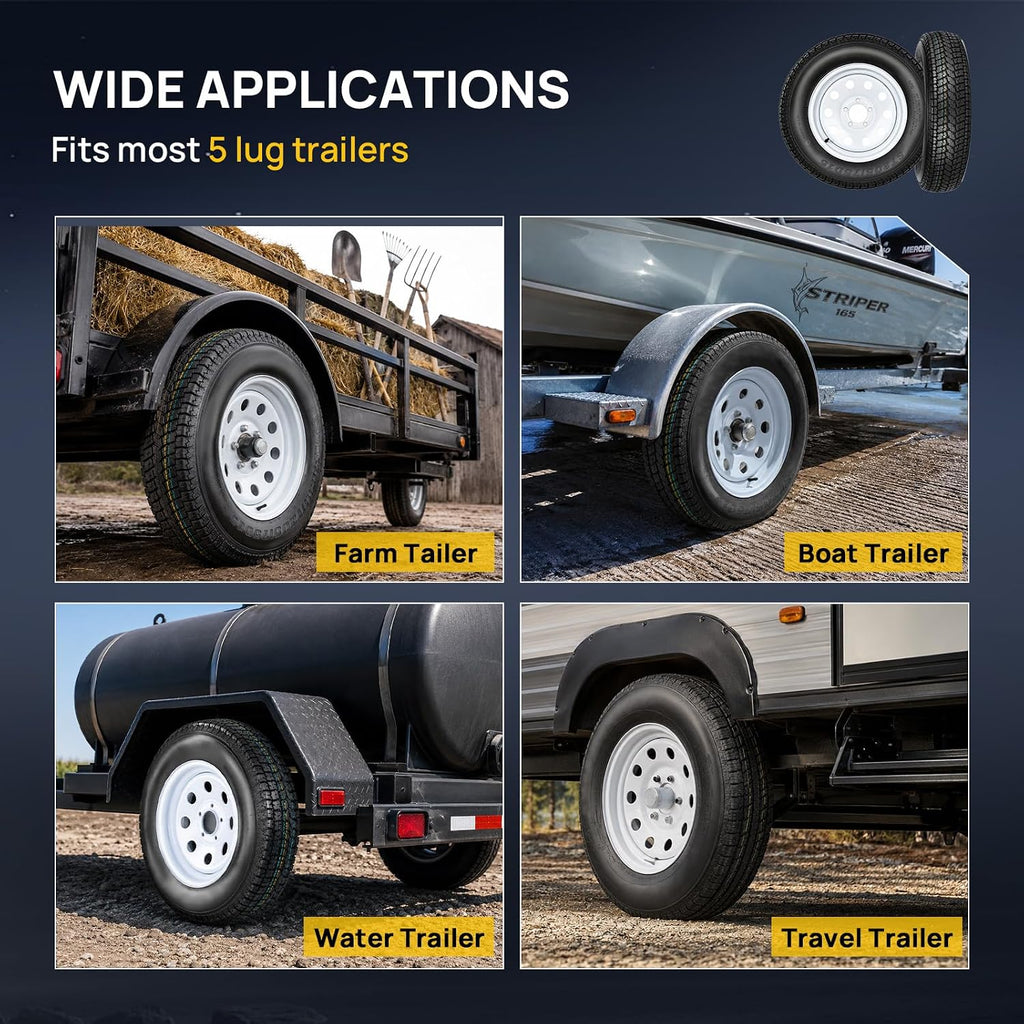 2 Pack 205/75/15 Trailer Tire and Wheel Assembly, 5 Lug on 4.5 Inch PCD with 15" Rims Load Range C 6PR White