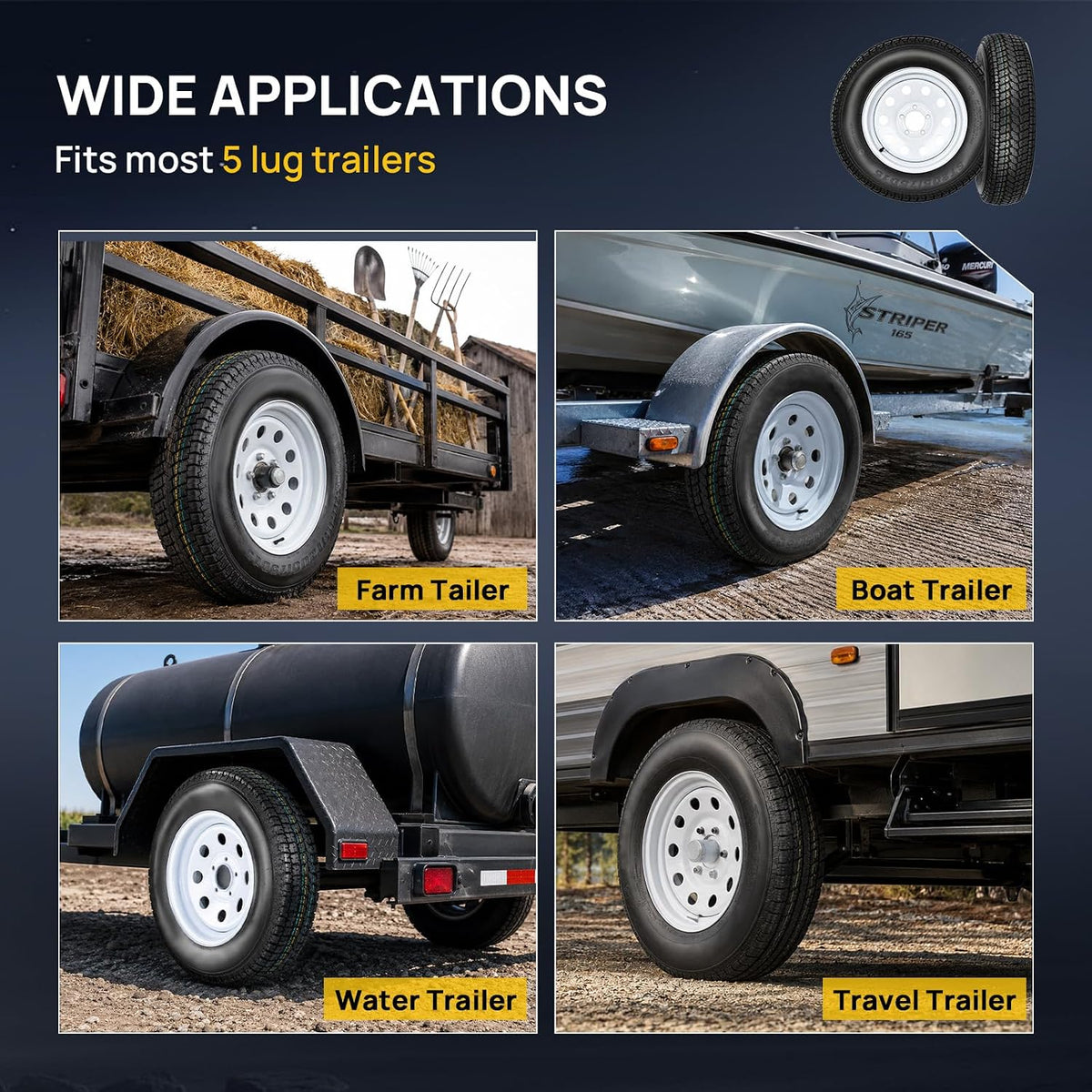 2 Pack 205/75/15 Trailer Tire and Wheel Assembly, 5 Lug on 4.5 Inch PCD with 15" Rims Load Range C 6PR White