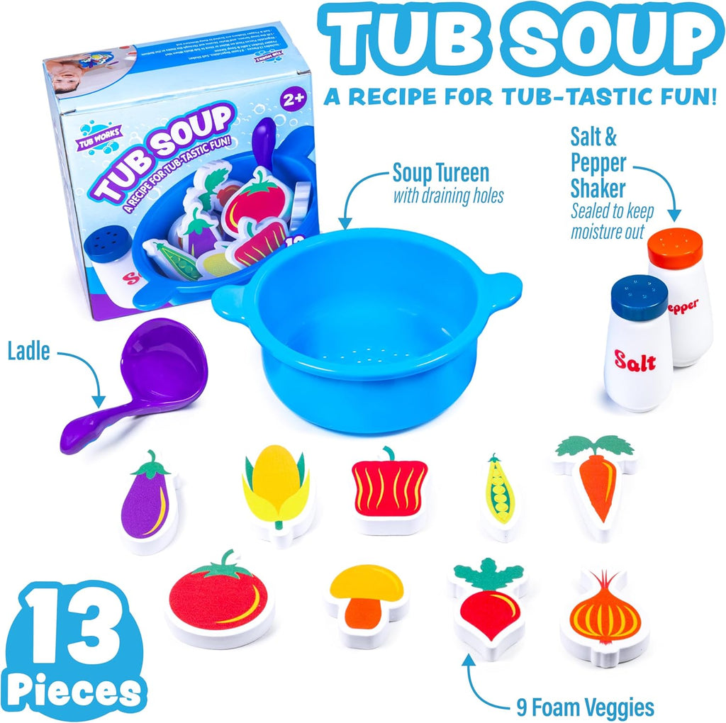 Tub Soup Scoop, Strain & Play Toddler Bath Toy | Floating Foam Veggies, Ladle for Scooping & Soup Pot for Straining |