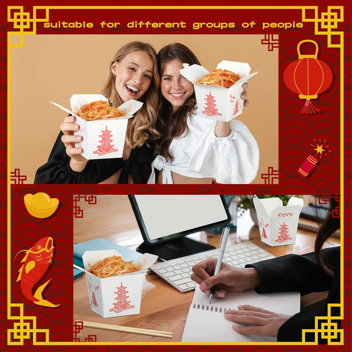 50 Sets 8 oz Chinese Take Out Boxes with Disposable Chopsticks